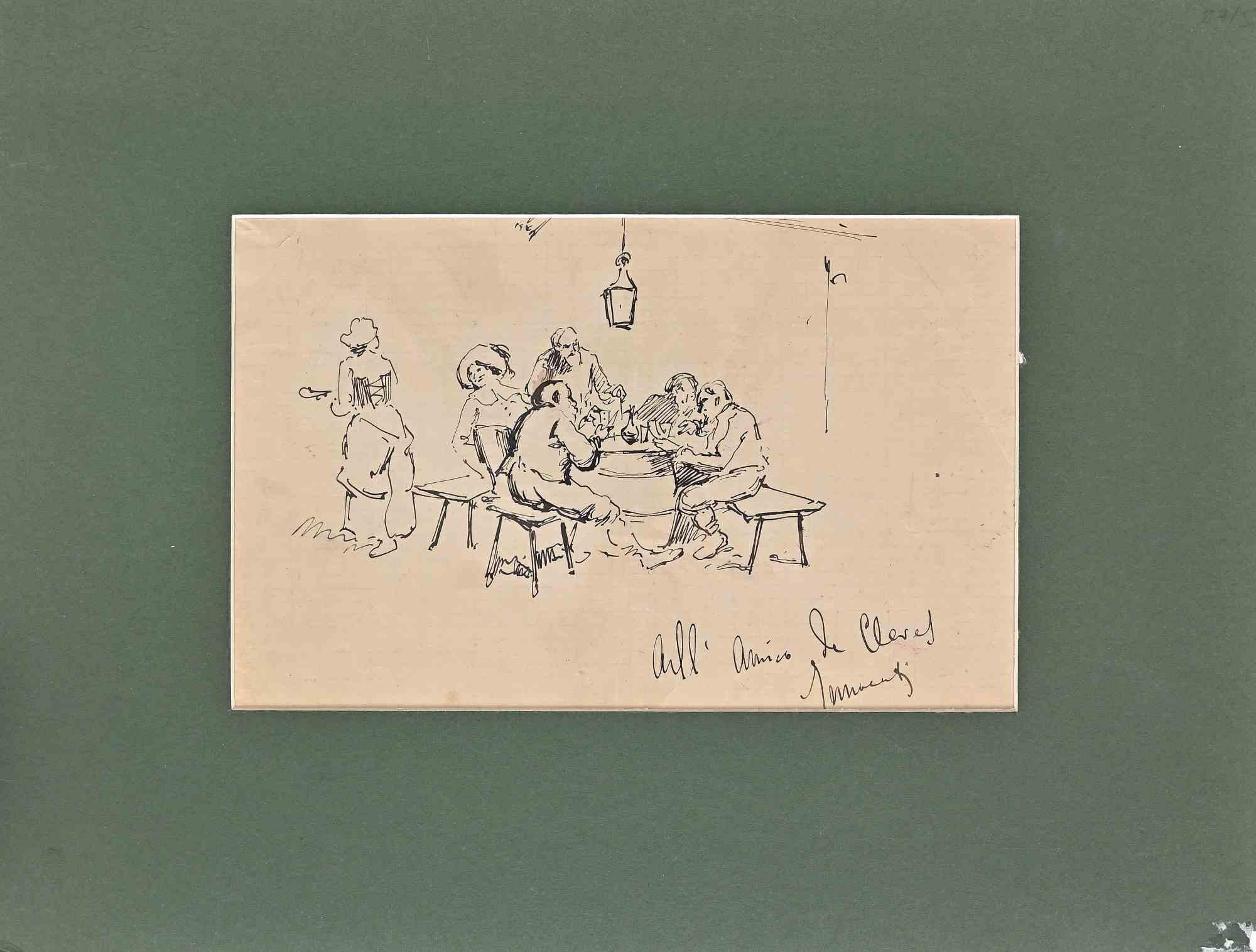 Tavern scene is an original black and white Drawing, ink on yellowed paper, realized by Camillo Innocenti.  Hand Signed and dedicated on the lower right. Included a Passpartout: cm 30x39.5.

Good conditions except for a small tear on the lower