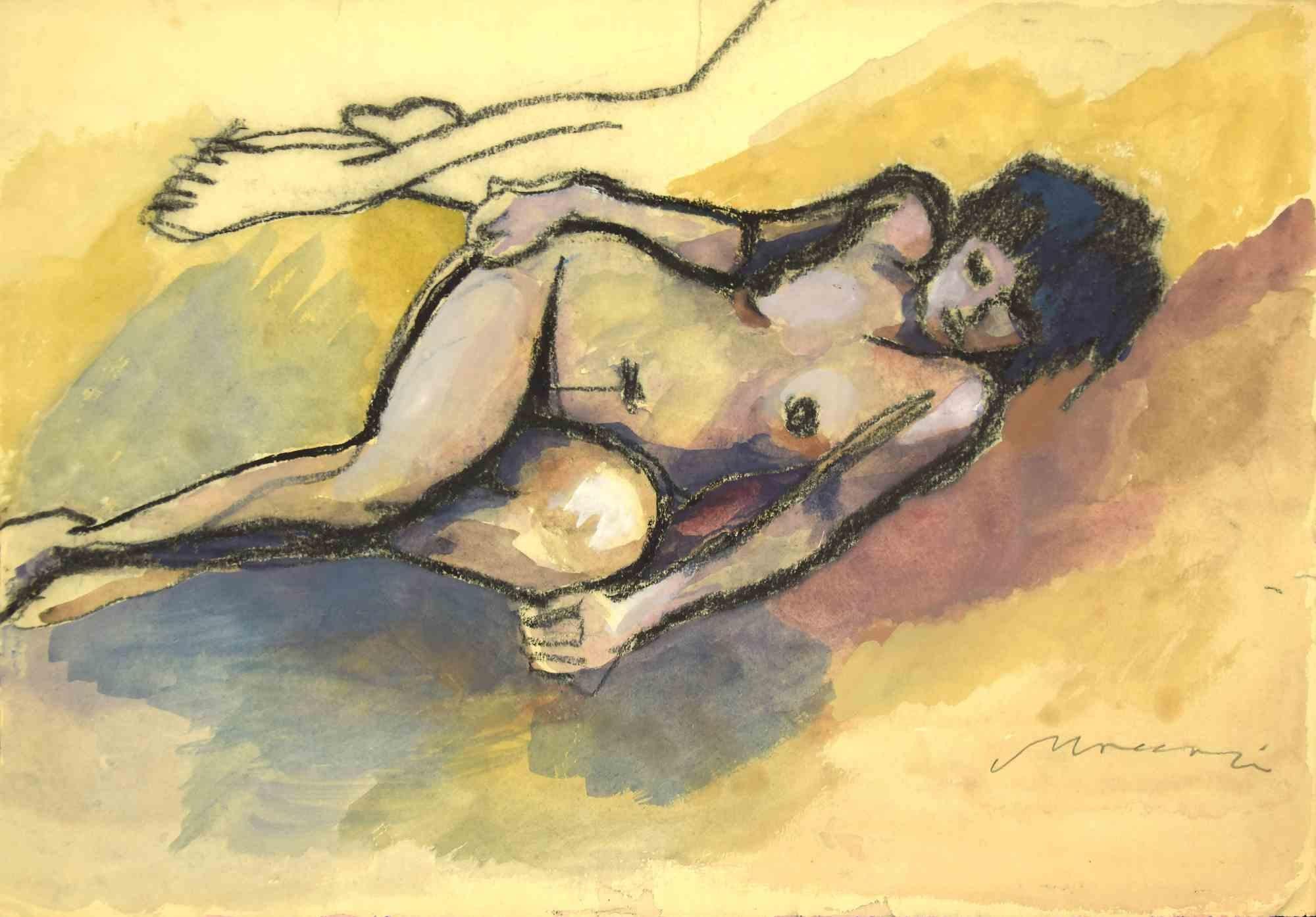 Nude ist eine Zeichnung in Kohle und Aquarell auf cremefarbenem Papier von Mino Maccari aus den 1930er Jahren.

rechts unten handsigniert.

Guter Zustand mit kleinen Faltungen und Beschnitt an den Rändern.

Mino Maccari (1898-1989) war ein