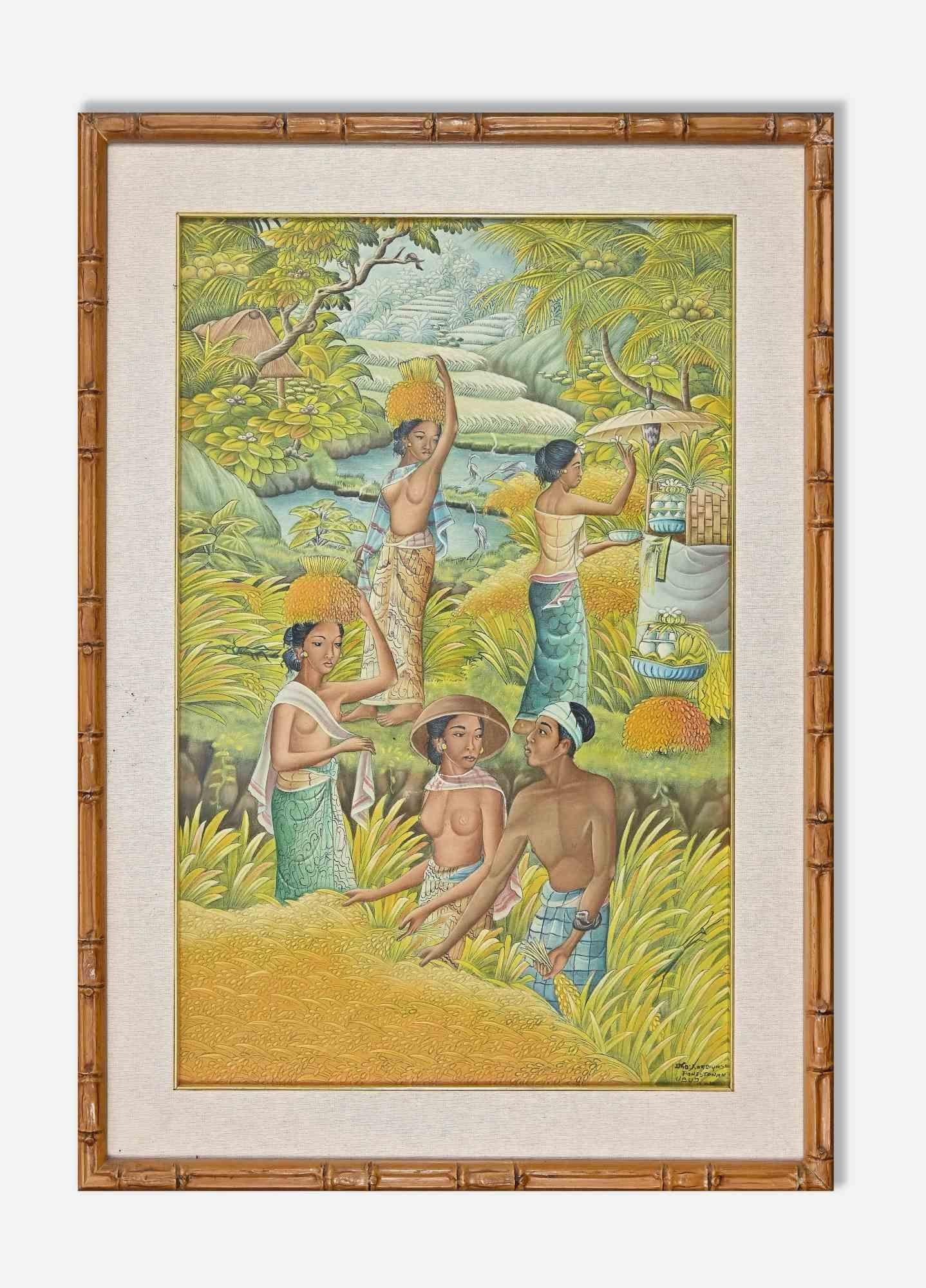 Unknown Figurative Art - Balinese Scene - Tempera and Watercolor - Mid-20th Century