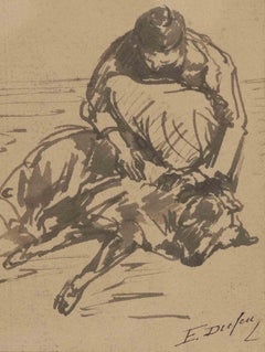 Woman with Dog - Drawing by Edmond Dufeu  - 19th century