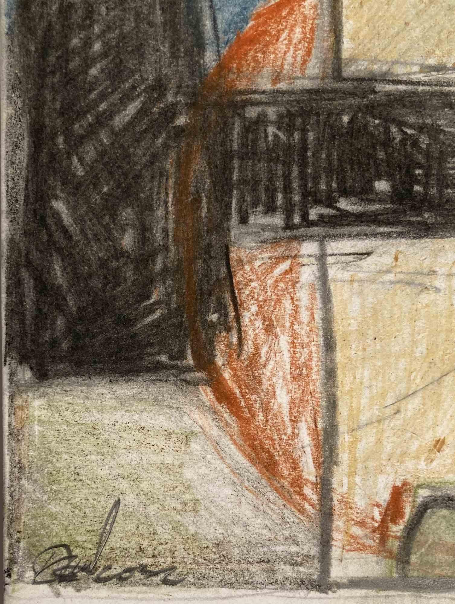 Charcoal and pastel drawing realized in 2022. 
Here, in the background two head profiles are facing each other in sepia outline on a blue, gray, and yellow abstract surface. In the foreground, a weave of two green silhouette-like figures placed