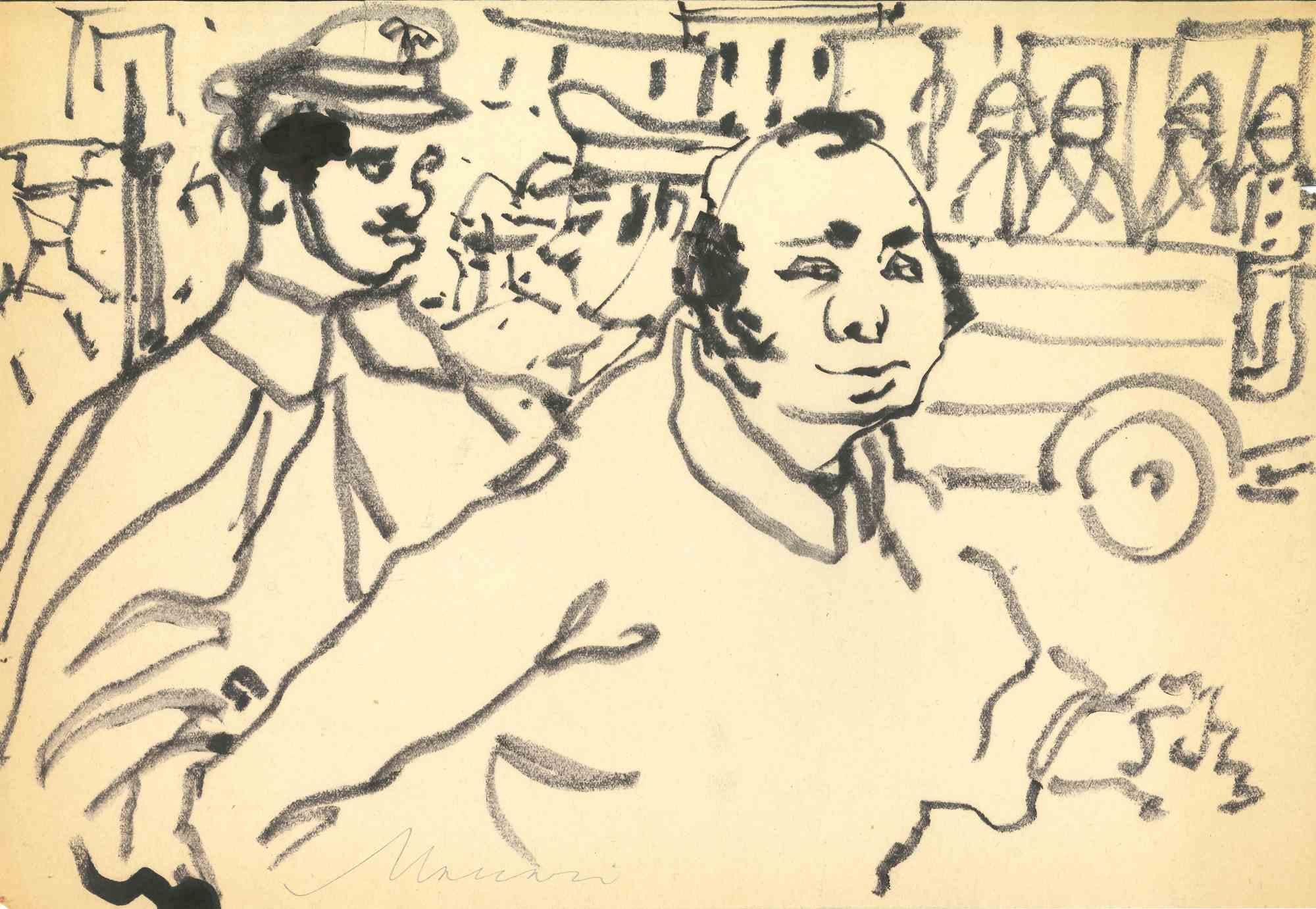 The Arrest is a Drawing in black marker on creamy-colored paper realized by Mino Maccari in 1948.

Hand-signed on the lower left.

Good conditions with minor folding on the lower margins.

The artwork is realized in deft and quick strokes through