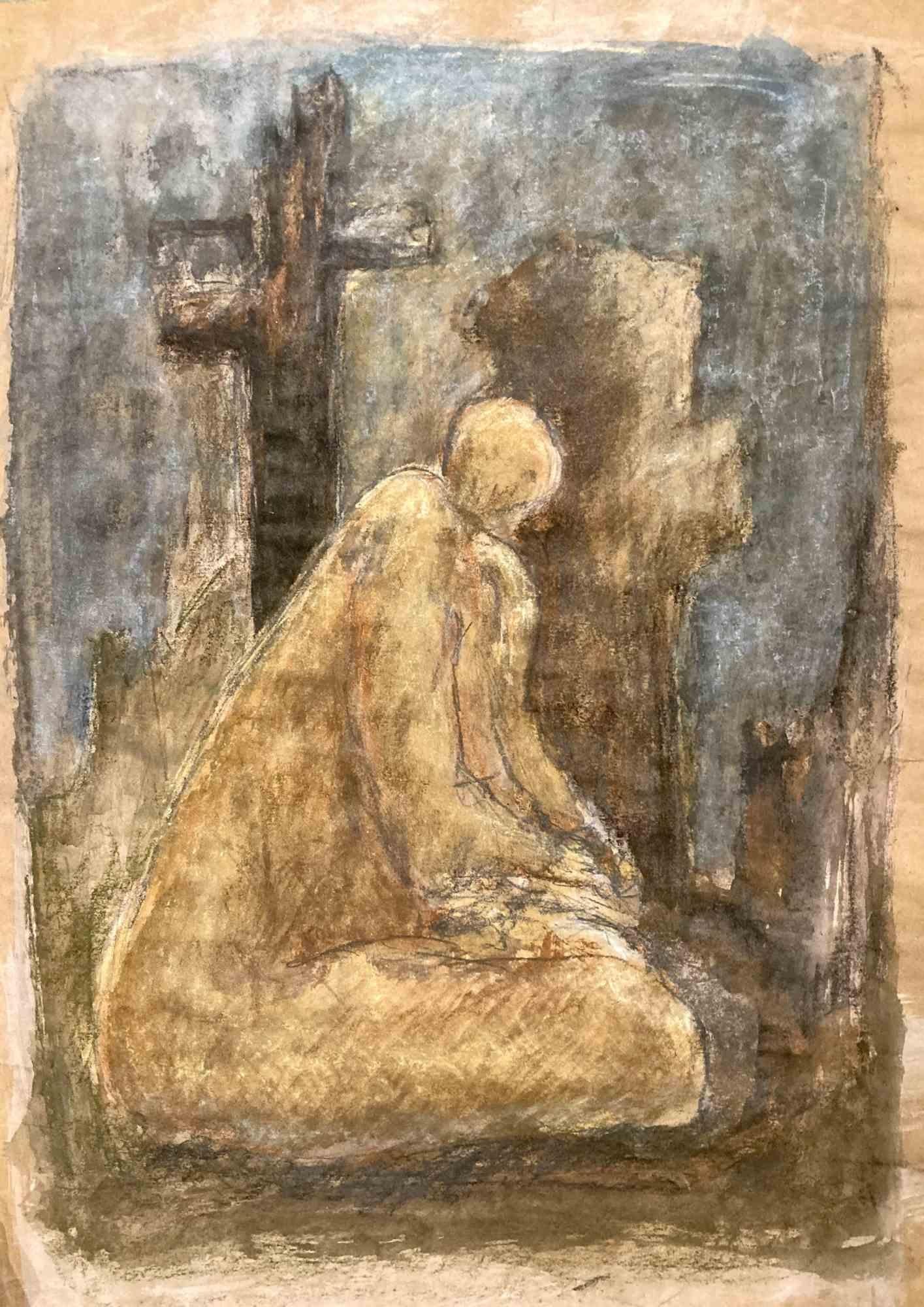 Charcoal, Gouache, Pastel on paper.

In this mixed media drawing, a balled headed human figure is sitting on the ground in a meditative posture appearing to be either praying or contemplating. In the back ground of the figure a dystopic landscape of