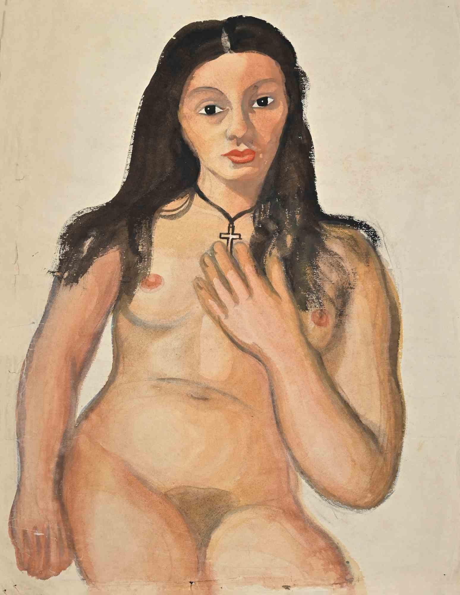 Nude ist eine Zeichnung in Aquarell und Tusche, die Mitte des 20. Jahrhunderts von Jean Delpech (1916-1988) angefertigt wurde. 

Guter Zustand bis auf Falten und Schnitte und fehlendes Stück Papier aufgrund der Zeit.

Das Kunstwerk ist in
