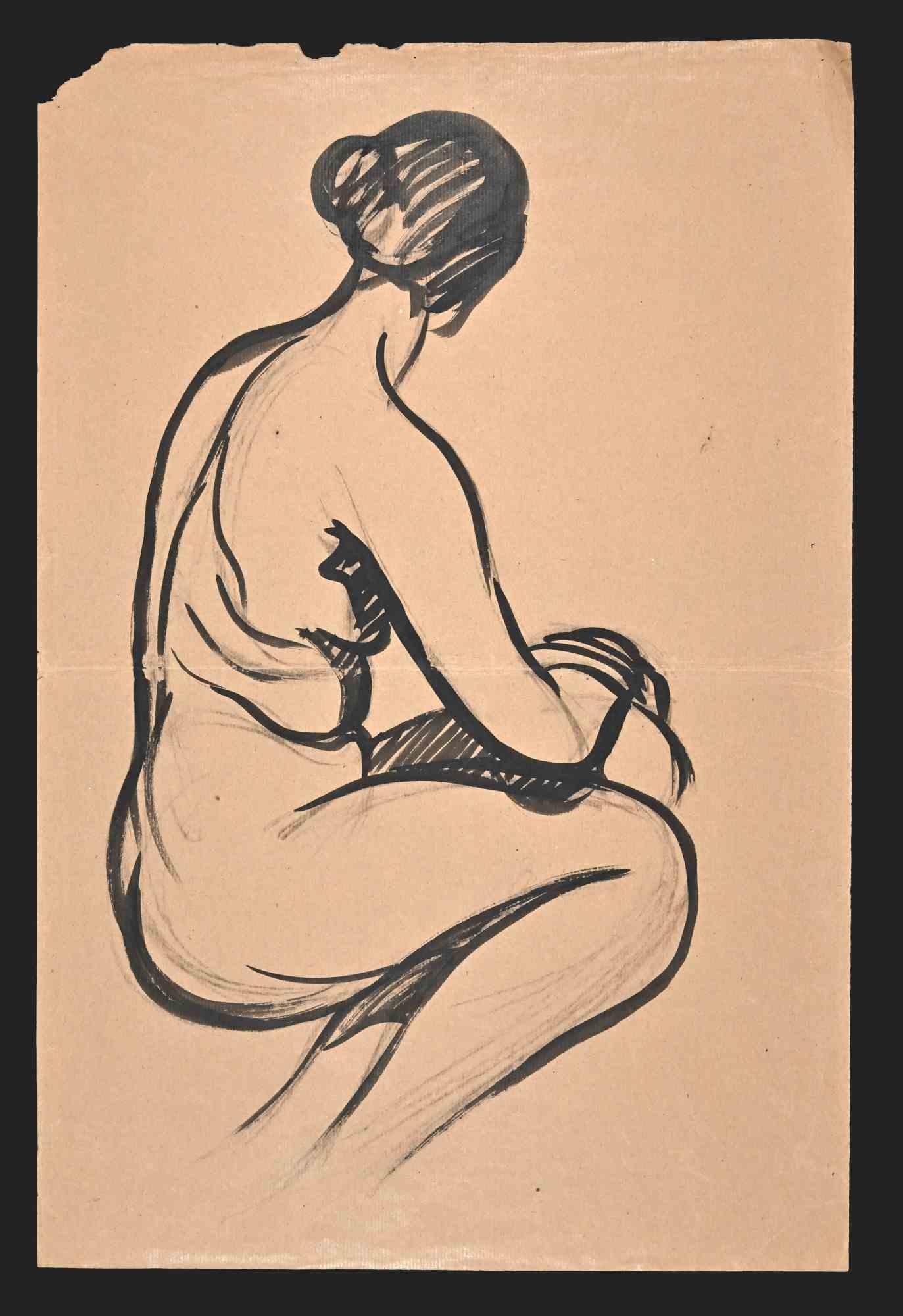 Akt von der Rckseite  Zeichnung von Jean Delpech  Mitte des 20. Jahrhunderts