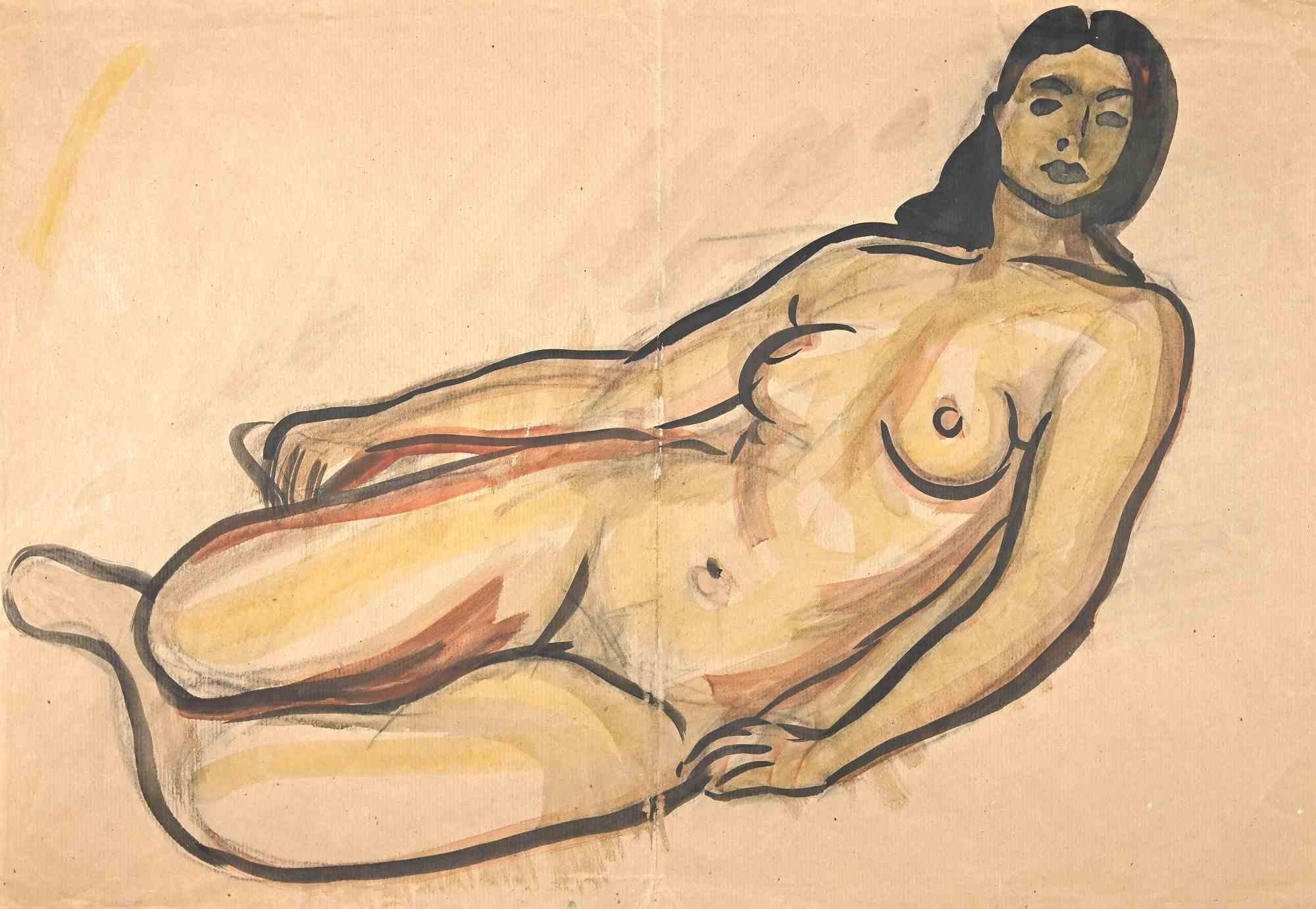 Reclined Nude is a drawing in watercolor realized in the Mid-20th Century by Jean Delpech (1916-1988). 

Good conditions except for folding and cuts.

The artwork is realized in deft strokes and harmonious and congruent colors through