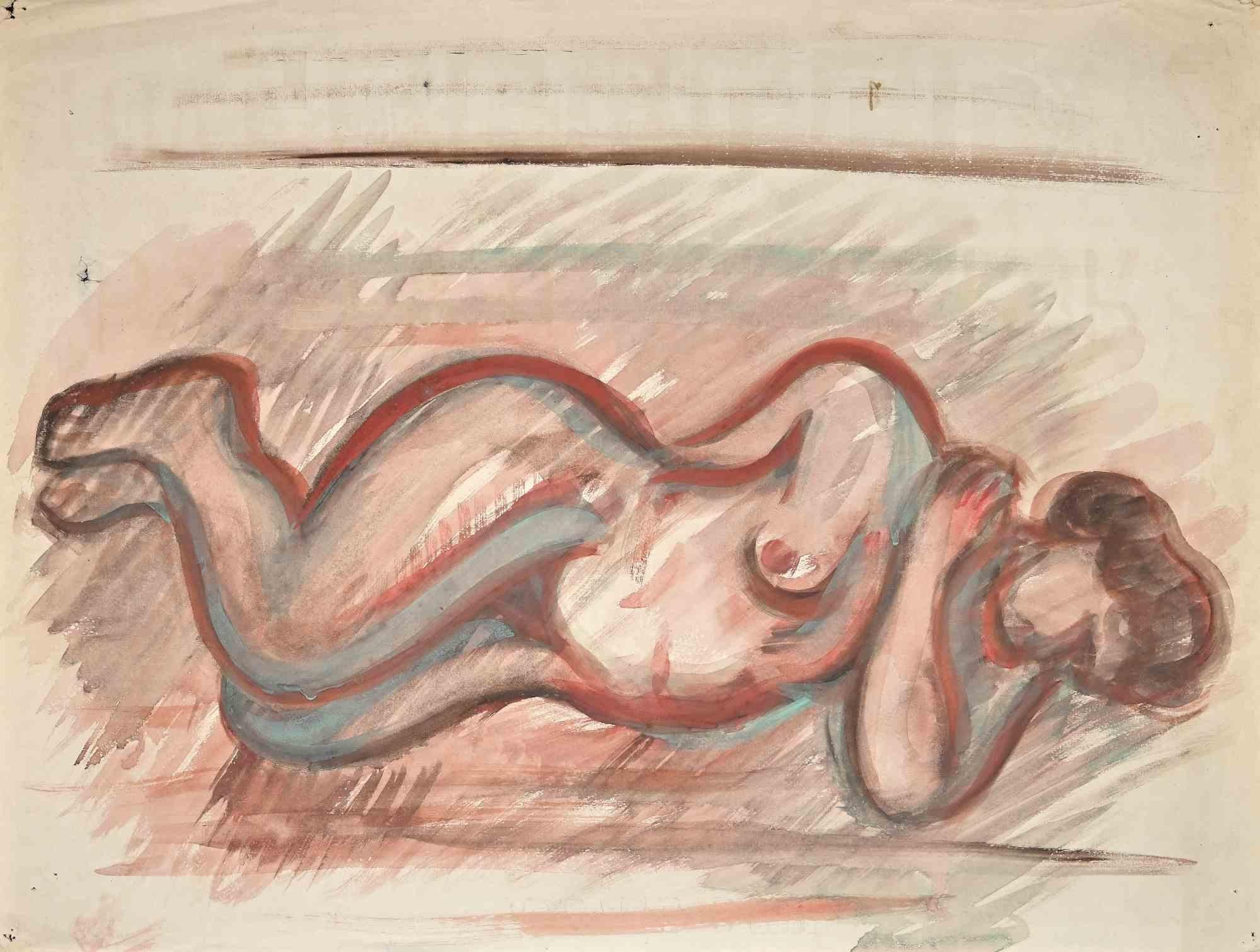 Reclined Nude ist eine Aquarellzeichnung, die Mitte des 20. Jahrhunderts von Jean Delpech (1916-1988) geschaffen wurde. 

Guter Zustand mit kleinen Faltungen und Schnitten an den Rändern.

Das Kunstwerk ist in harmonischen und kongruenten Farben