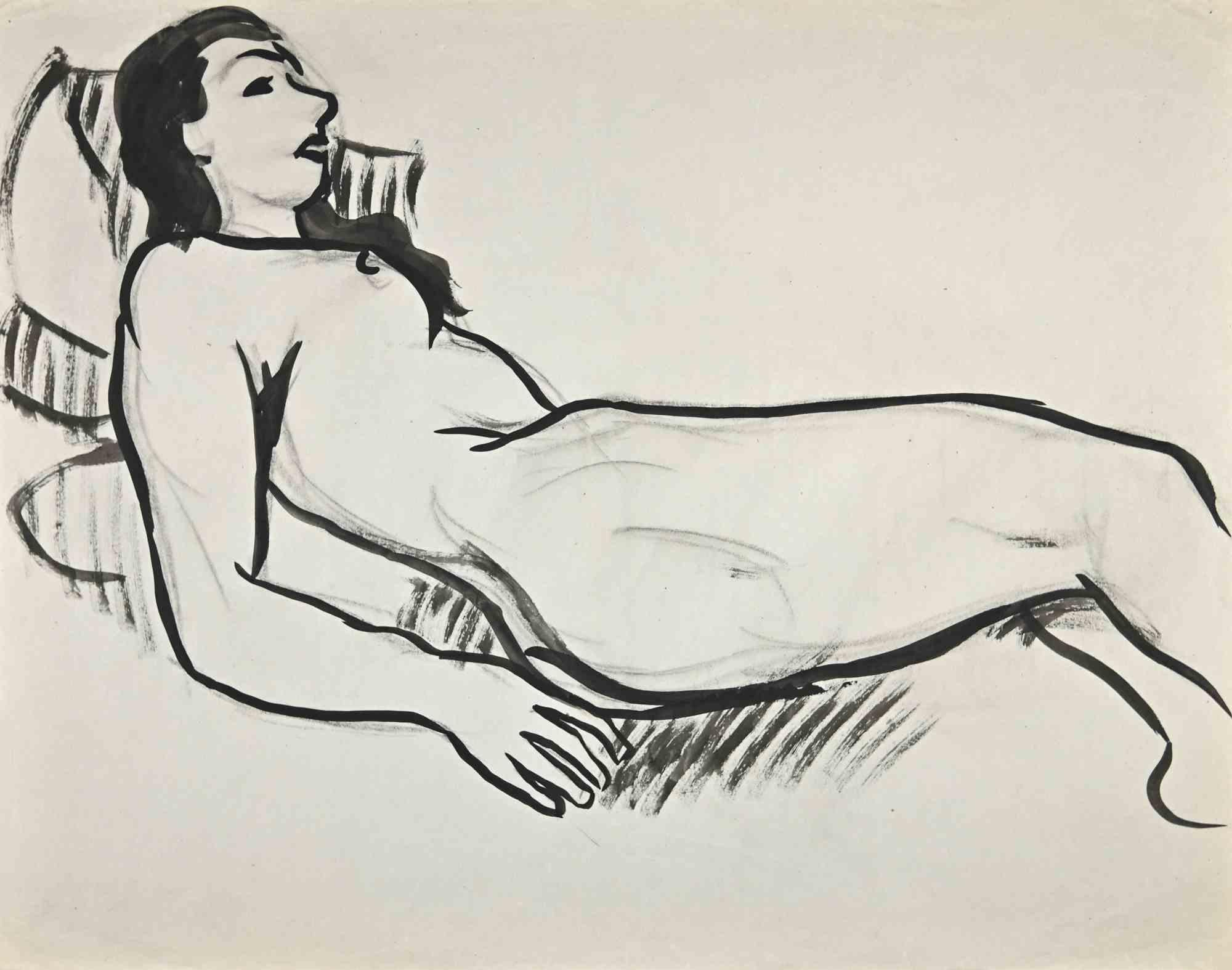 Reclined Nude ist eine Aquarellzeichnung, die Mitte des 20. Jahrhunderts von Jean Delpech (1916-1988) geschaffen wurde. 

Guter Zustand mit kleinen Faltungen und Schnitten.

Jean-Raymond Delpech (1988-1916) ist ein französischer Maler, Graveur und