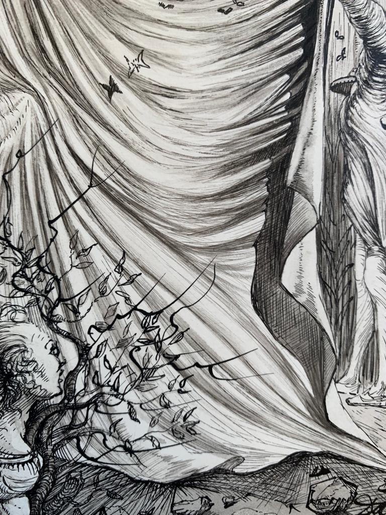 Que font ces gens ist ein wunderschönes modernes Kunstwerk von Salvador Dalì aus dem Jahr 1945.

China Tinte Zeichnung auf Papier. 

Hervorragende Originalzeichnung zur Illustration des Buches 