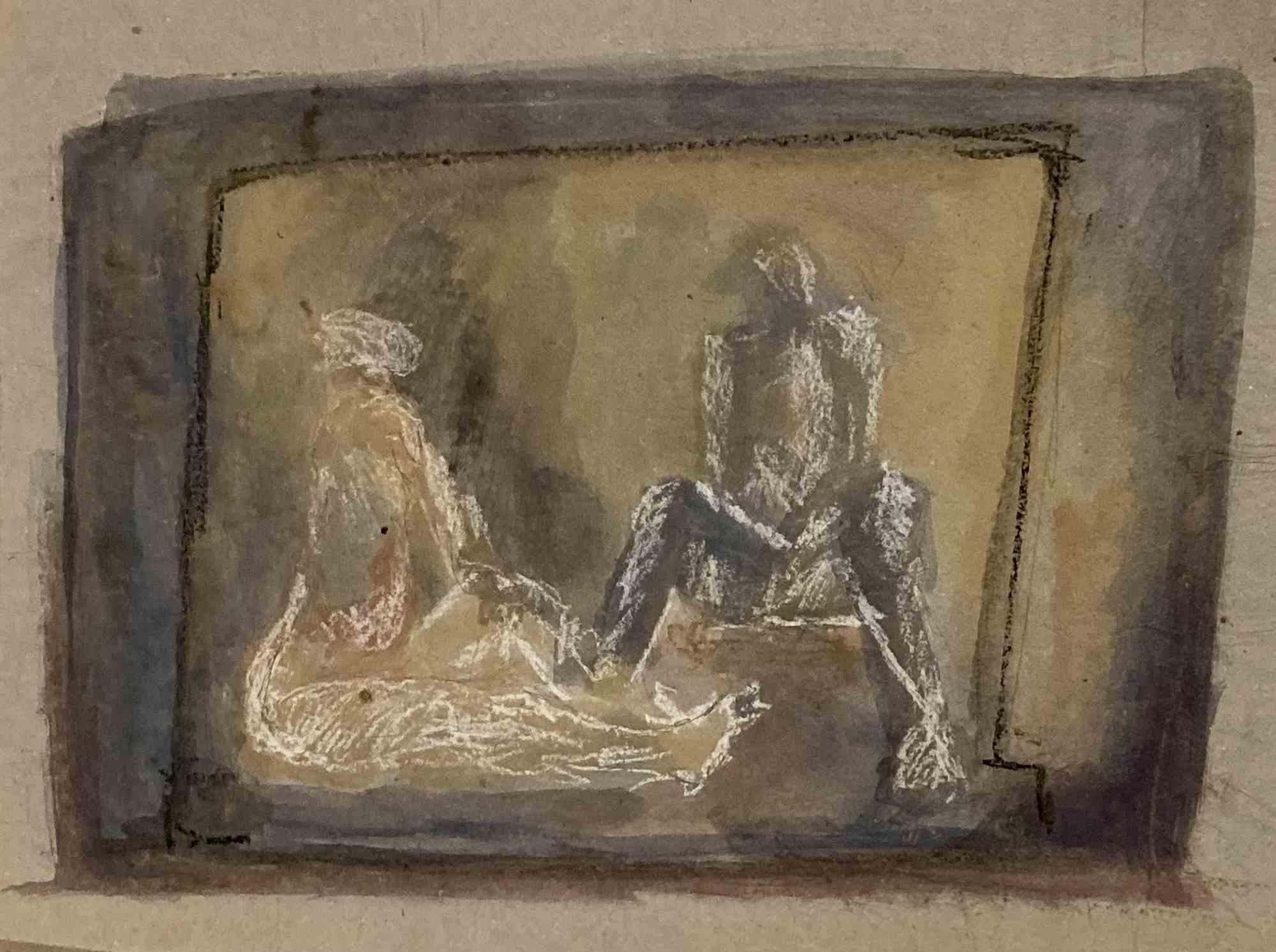 Mixed media realized by David Euler in 1985.

Two figures, a man and a woman drawn in white pastel on a gouache stain are depicted sitting in a cell-like structure possibly engages in some kind of a conversation. The light is “hitting” them from the
