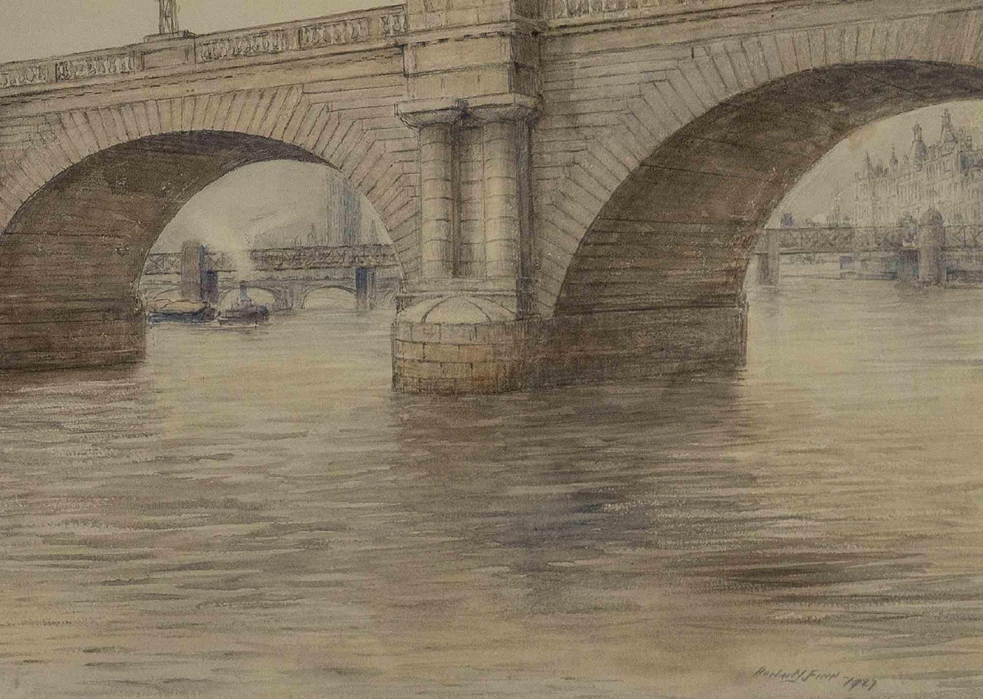 London Bridge on Thames View -  Drawing by  Herbert John Finn- 1927 For Sale 2