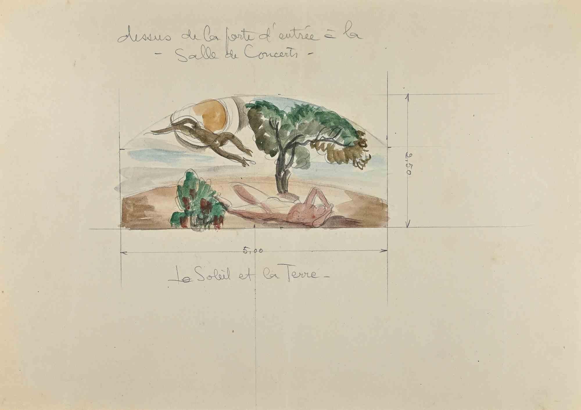 Die Sonne und die Erde  Zeichnung mit Bleistift und Aquarellfarben  frhes 20. Jahrhundert – Art von Gustave Bourgogne
