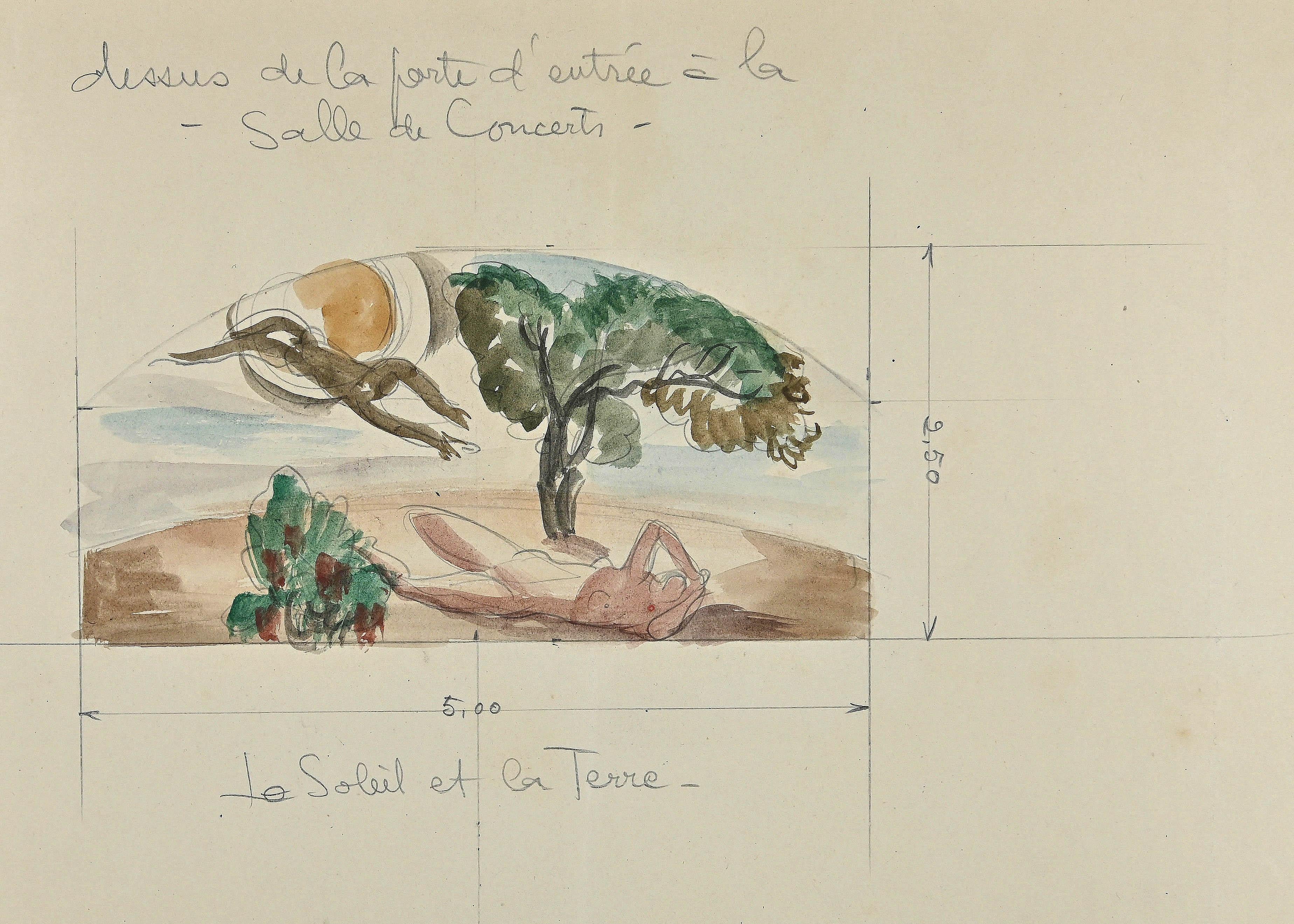 Gustave Bourgogne Figurative Art - The Sun and the Earth - Drawing in Pencil and Watercolor - Early 20th century