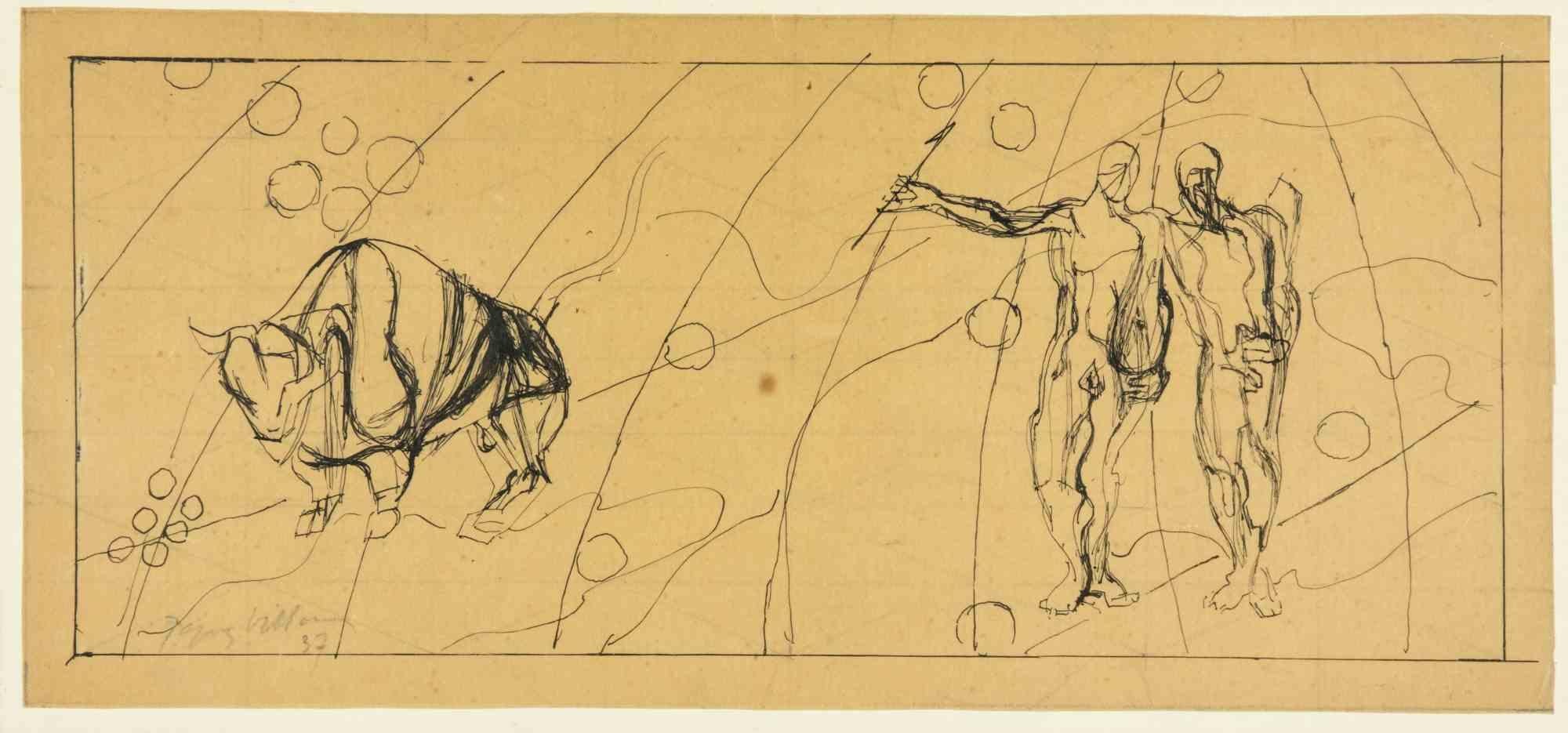 Signs of the Zodiac, Taurus and Gemi - Drawing by Jacques Villon - 1937