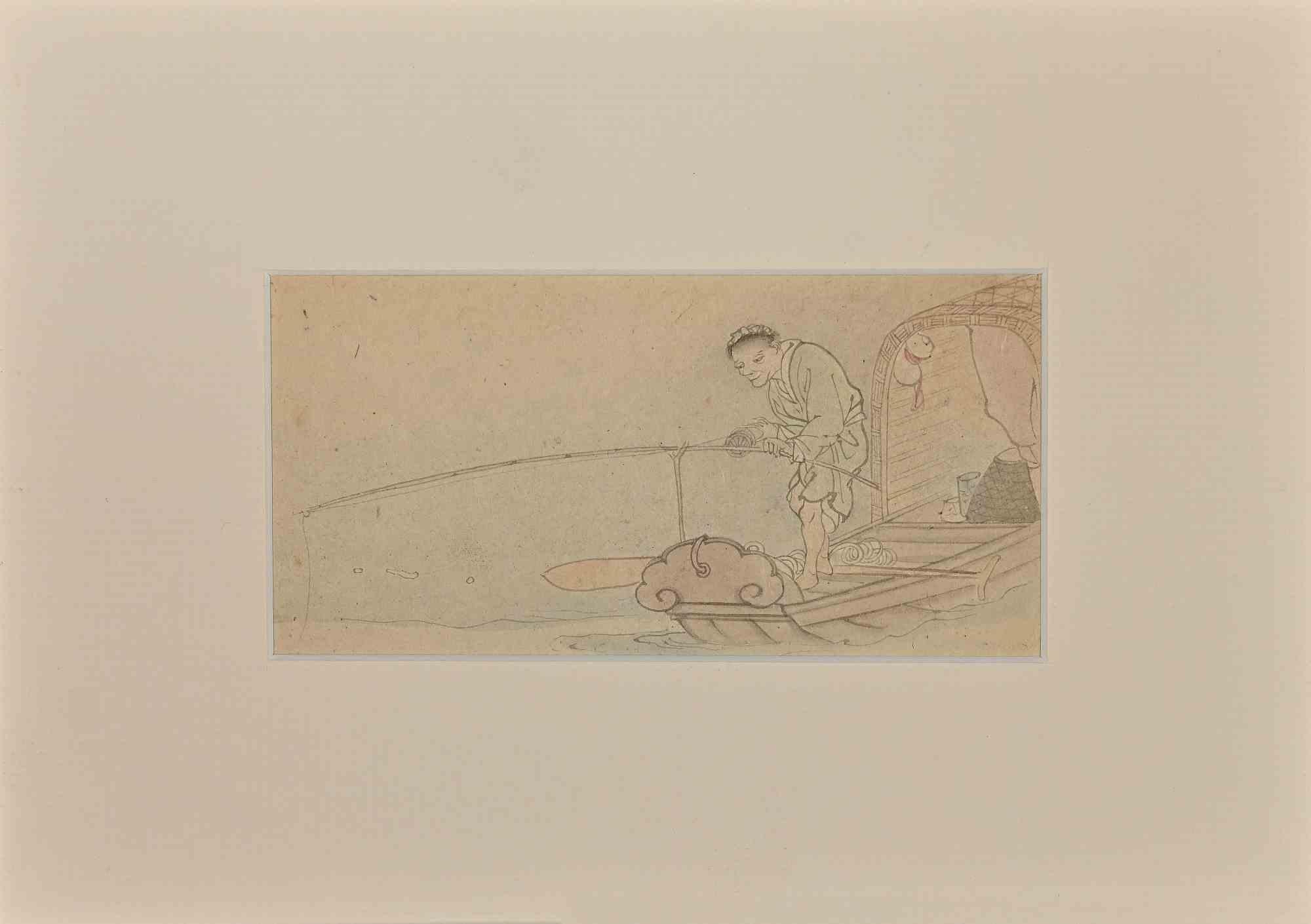 Fisherman - Drawing in Ink and Watercolor - Early 20th century