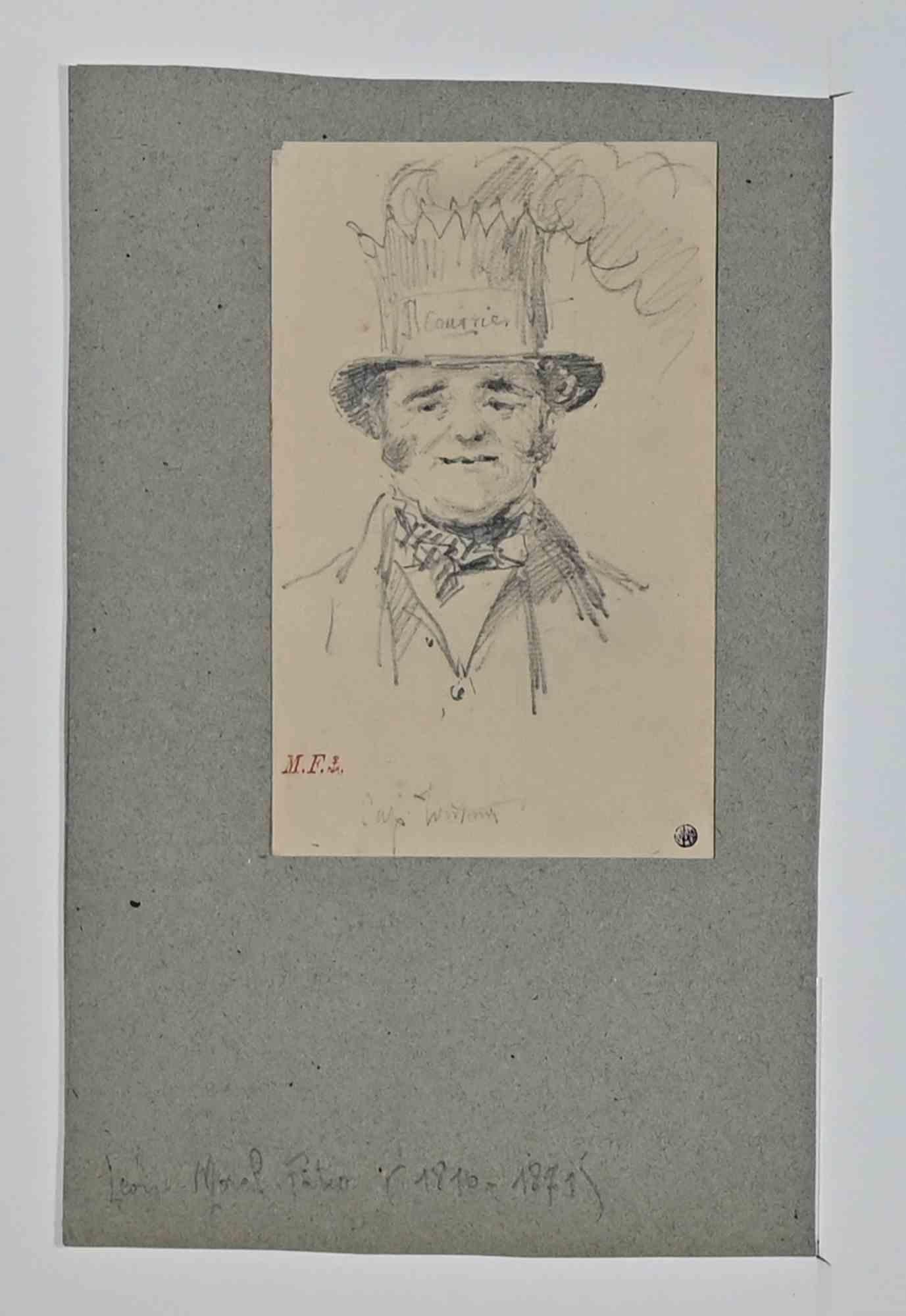 Man with Cylinder is a drawing in pencil on creamy colored paper, realized by French painter Léon Morel-Fatio (1810-1871) in the 19th Century.

Monogrammed in red on the lower.

applied on cardboard and included a greyish Passepartout.

Good