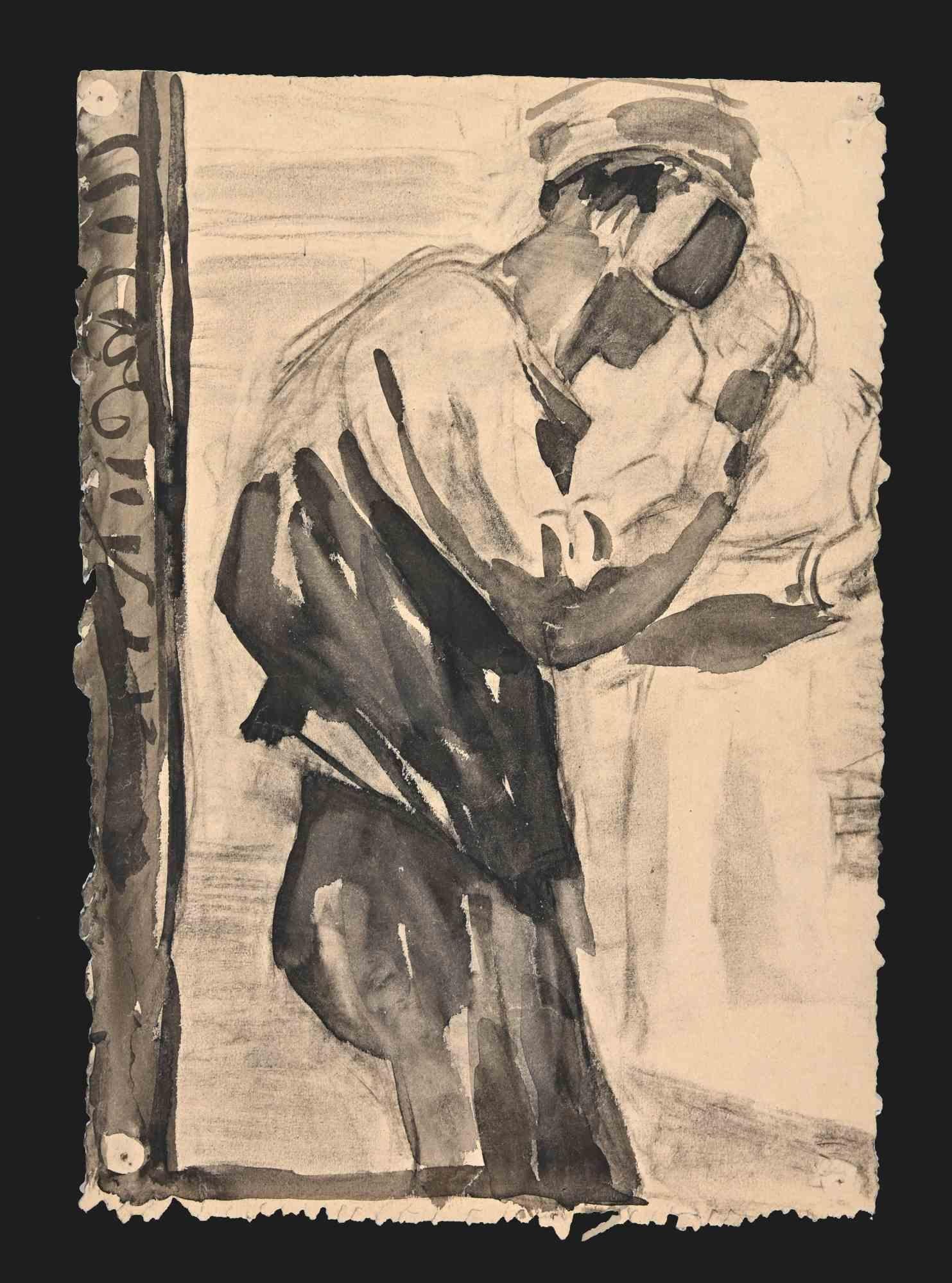 Rémy Hetreau Figurative Art - The Smith - Pencil and watercolor - Mid-20th century