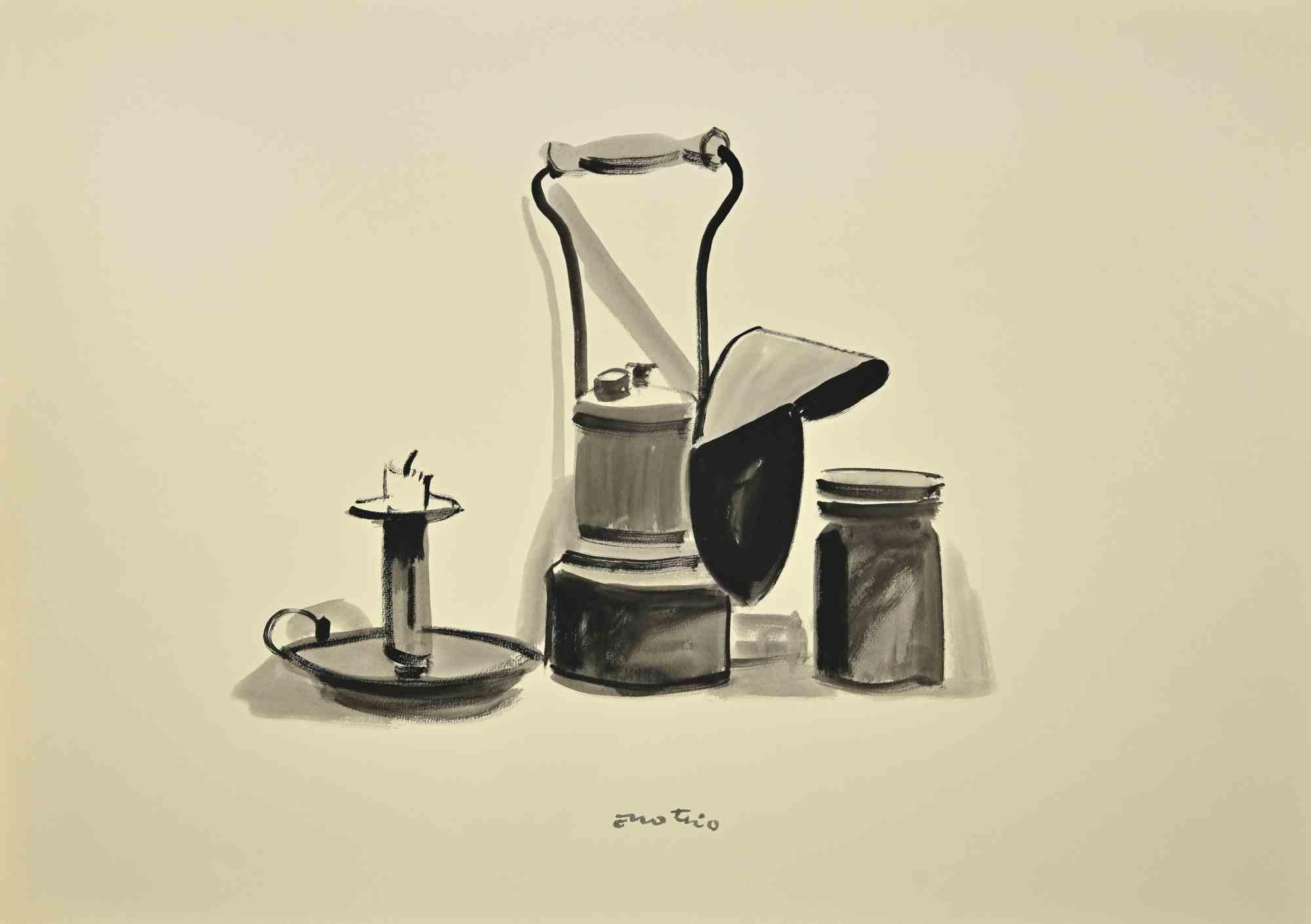 Stillleben mit Objekten  Zeichnung von Enotrio Pugliese – 1960er-Jahre