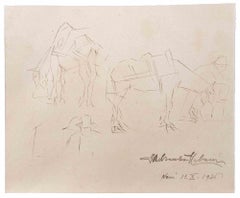 Antique Horses - Ink Drawing by Ildebrando Urbani - 1926