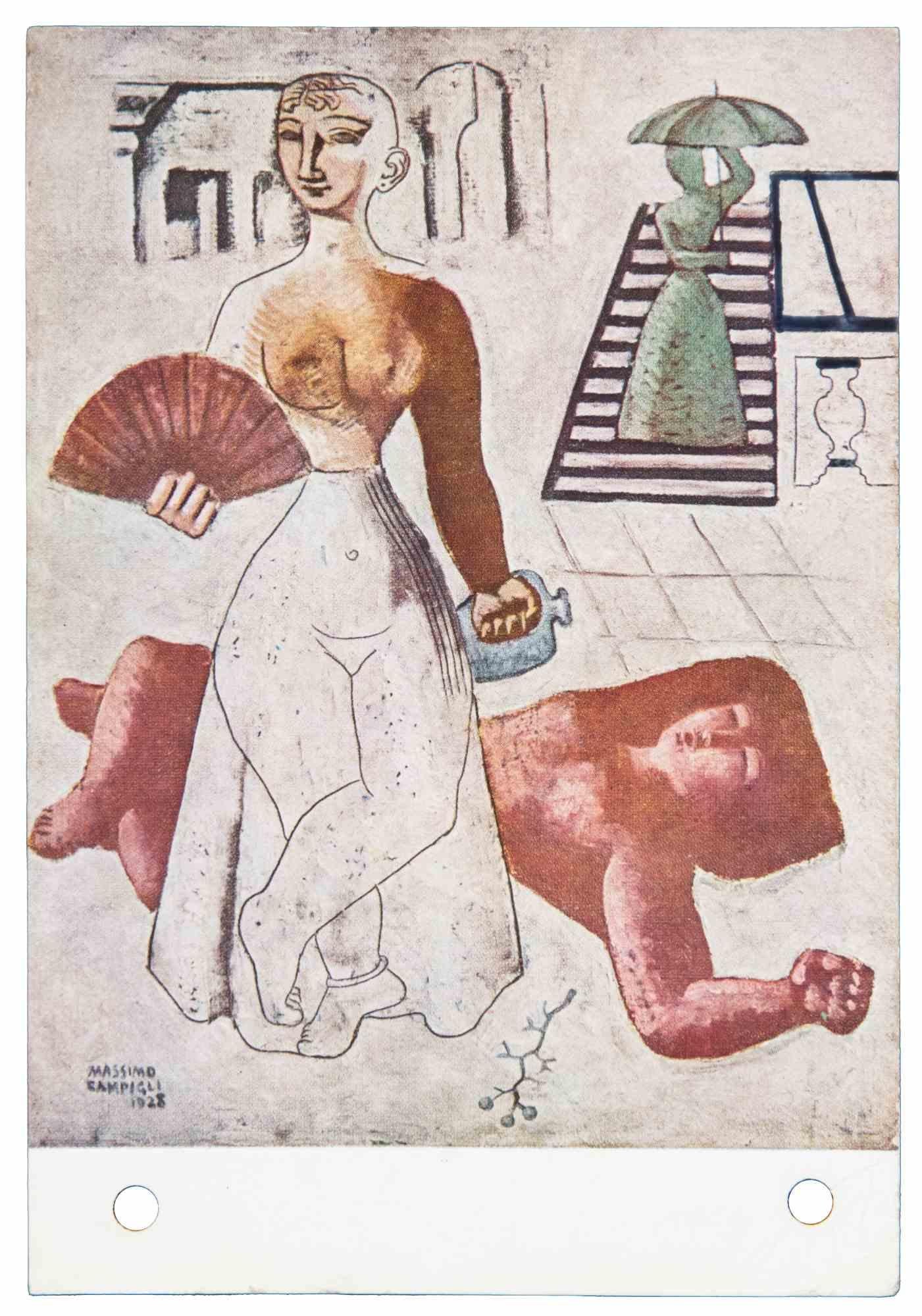 Postkarte ist eine Vintage-Postkarte, Offset realisiert nach Massimo Campigli im Jahr 1895, aber im Jahr 1952 gesendet.

Die Postkarte ist an Nesto Jacometti von Paris nach Genf adressiert. Handsigniert von Massimo Campigli.

Guter Zustand, Stempel