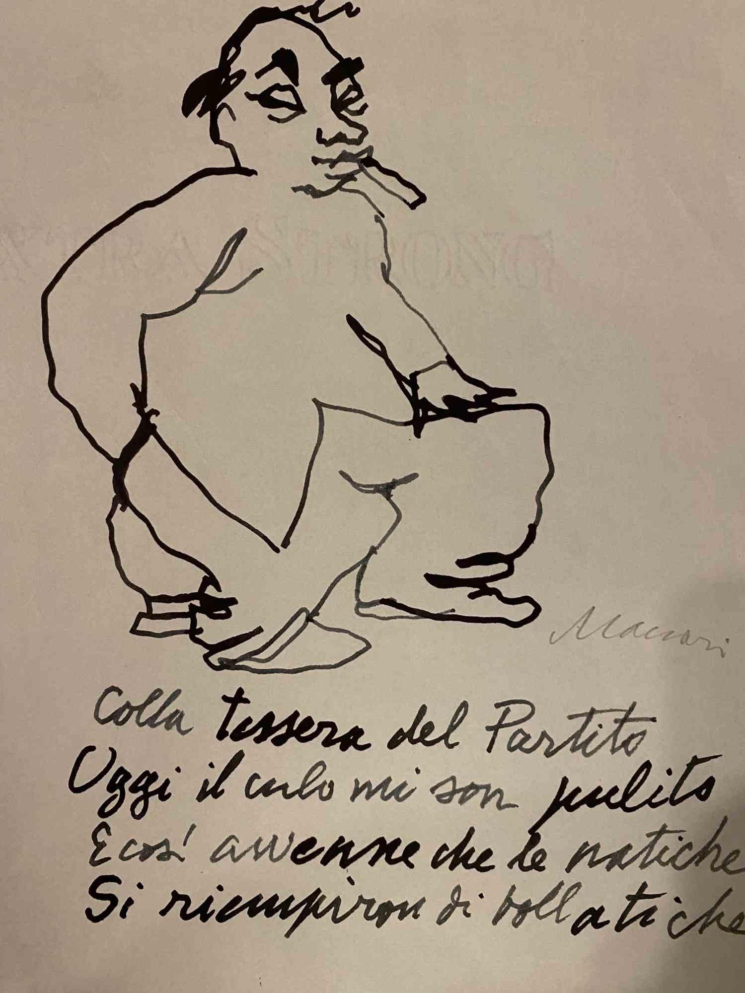 Der Dichter mit  Poem ist eine Federzeichnung von Mino Maccari aus den 1975er Jahren.

Am unteren Rand mit Bleistift handsigniert.

Guter Zustand mit leichten Faltungen.

Das Kunstwerk wird mit sicheren, geschickten und ausdrucksstarken Strichen