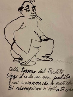 Vintage The Poet With Poem - Drawing by Mino Maccari - 1975
