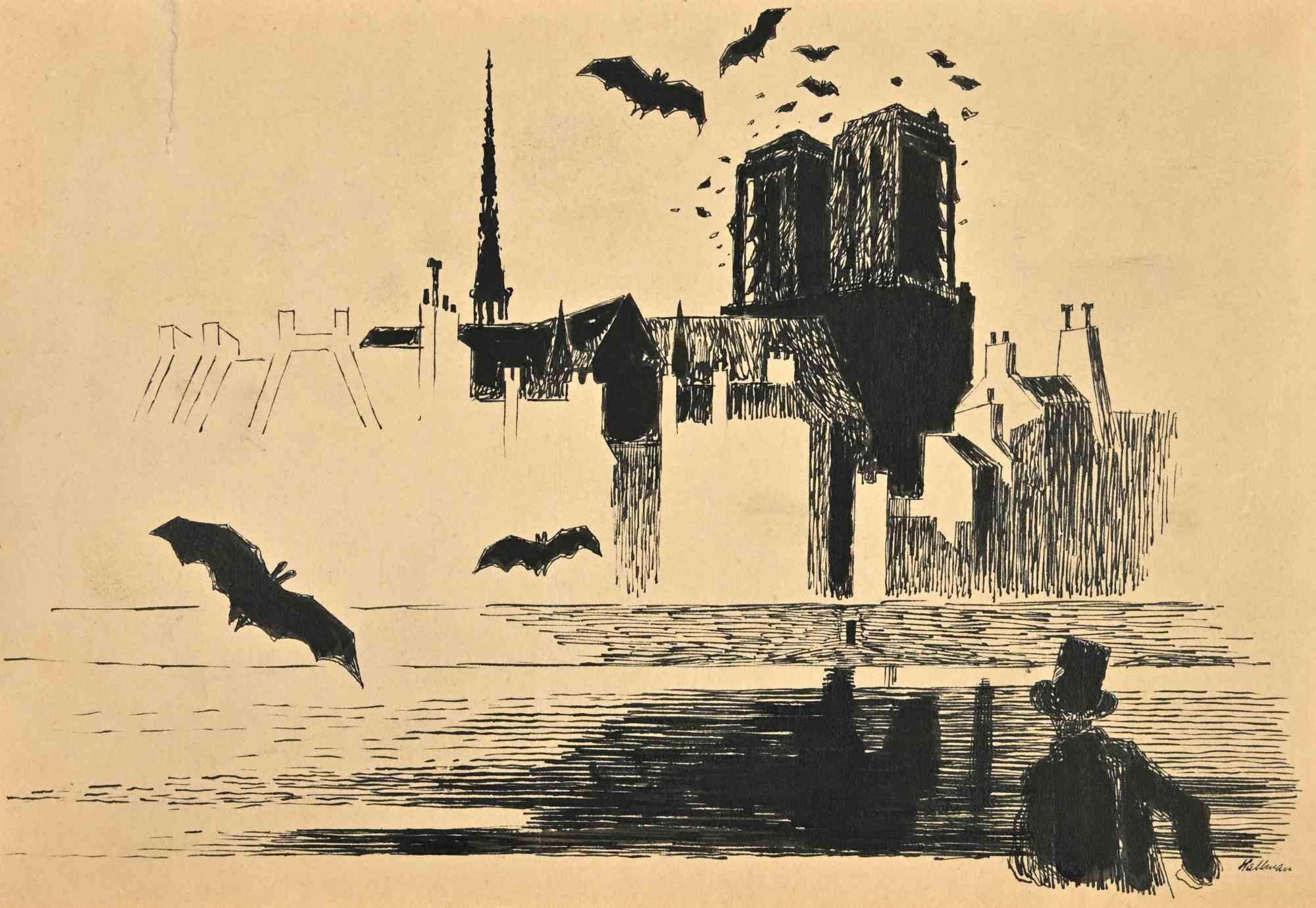 Notre Dame de Paris is a drawing in pen on cream-colored paper, made in the mid-20th Century by the Swedish illustrator and reporter Adolf Reinhold Hallman.

The state of preservation is good.

Adolf Hallman  (1893 – 1968) was a Swedish illustrator