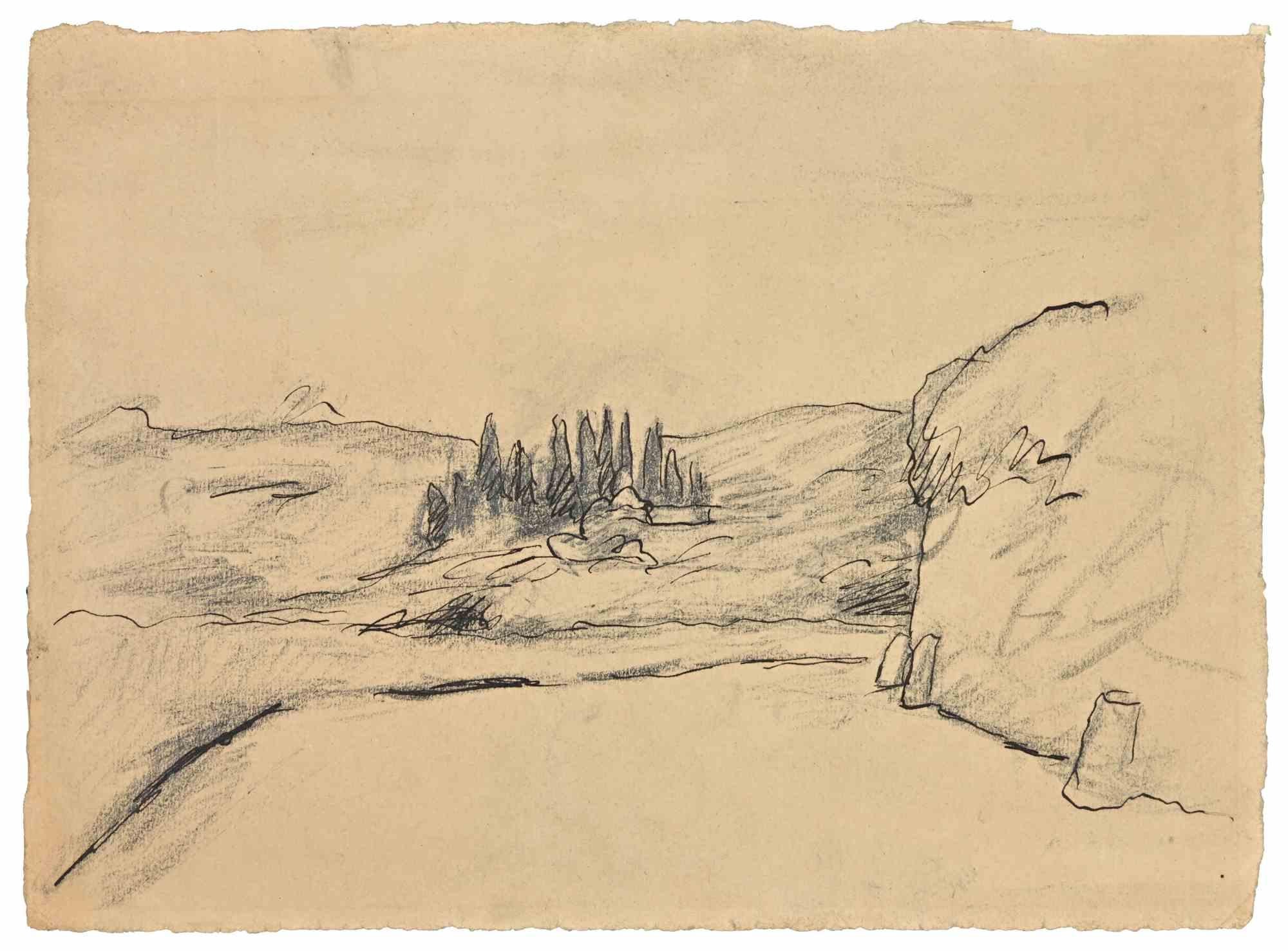 Unknown Landscape Art – Toskanische Landschaft – Bleistiftzeichnung i – 1930er Jahre