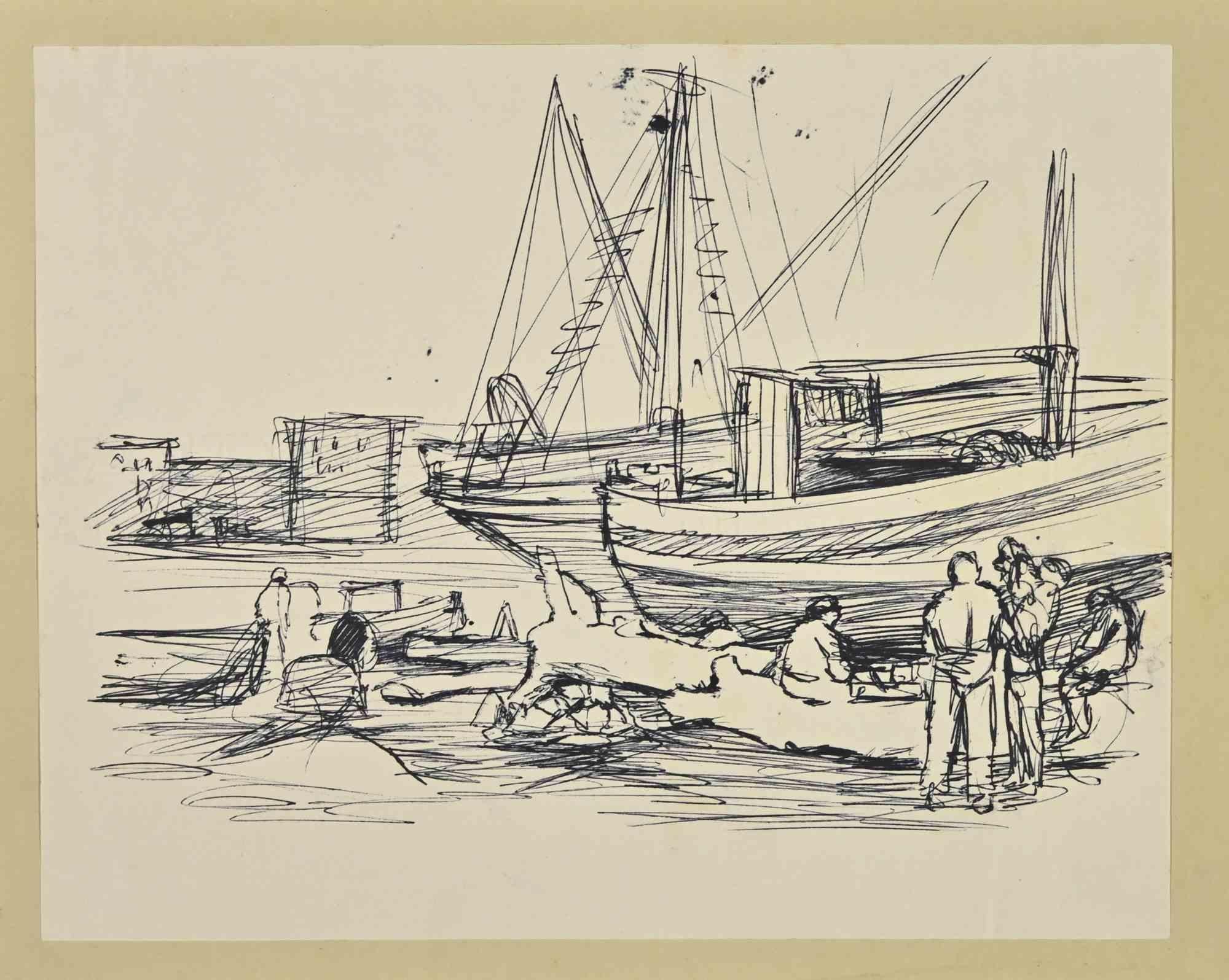Herta Hausmann Portrait - The Boats and Boatmen - Drawing - Mid-20th Century