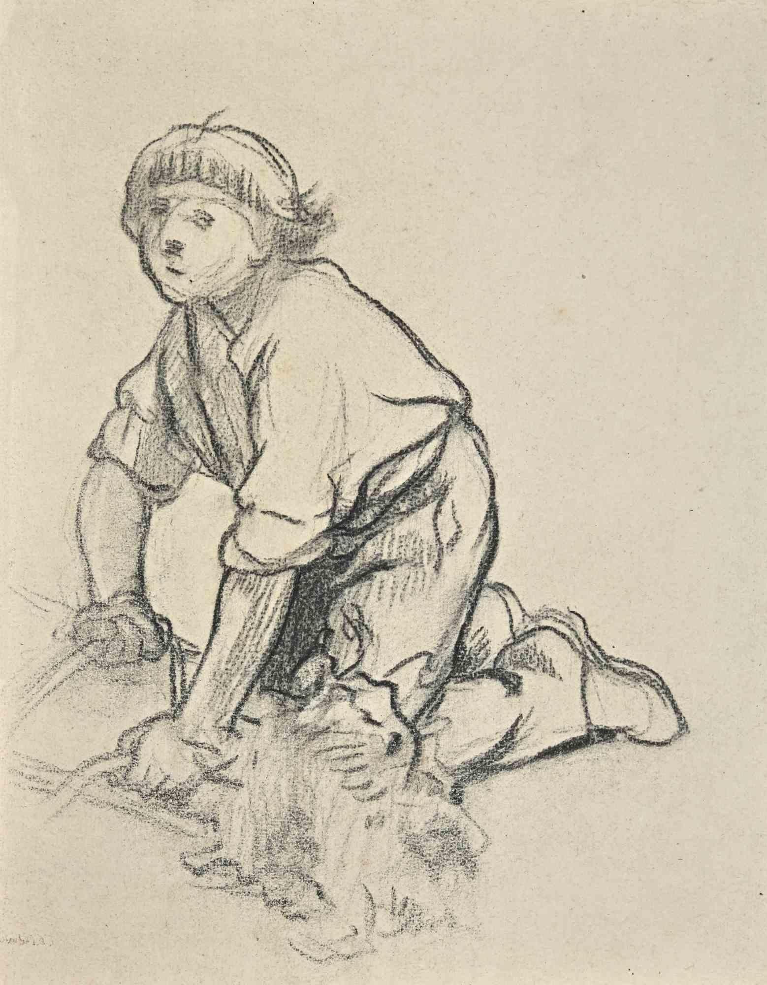 Working Child is a drawing on creamy color paper realized by Tibor Gertler in the mid-20th century.

Charcoal drawing.

Good conditions, aged margins.

The artwork is uniquely depicted his subject by combining the intensity of charcoal with bold and