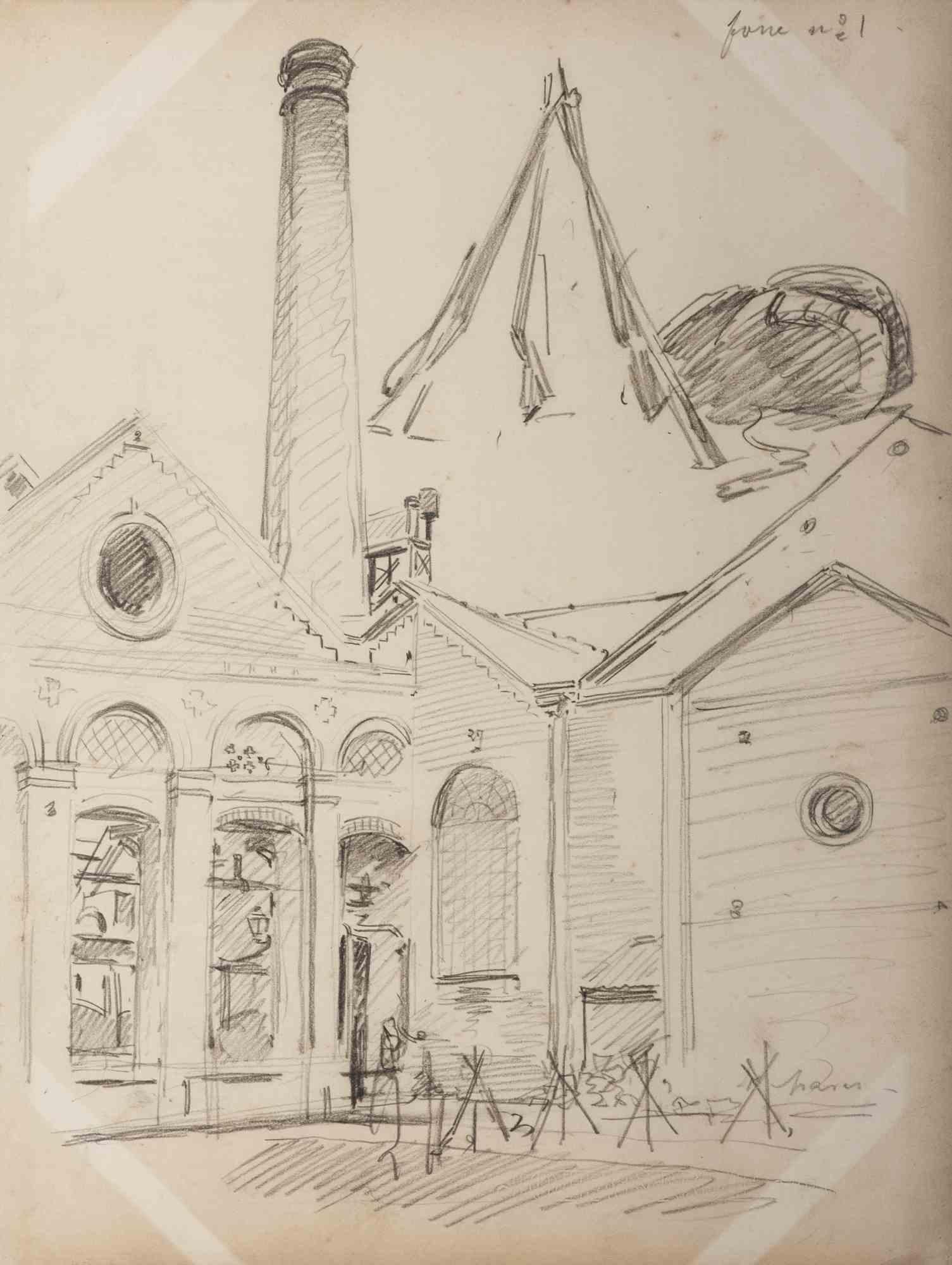 Charles Paul Renouard Figurative Art - The Cathedral - Drawing in pencil on paper by Paul Renouard - Early 20th Century
