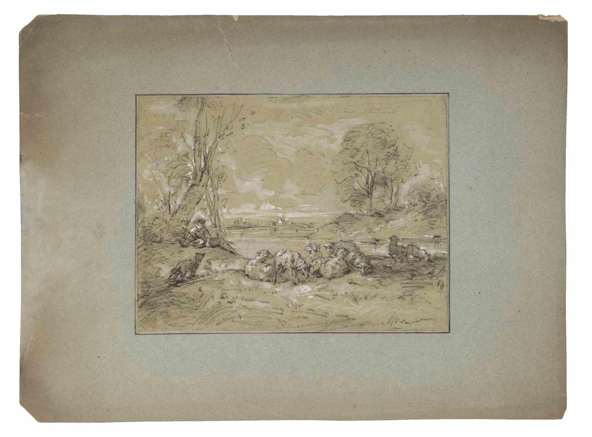The Landscape is a drawing in pencil and white lead on paper realized by Joseph Dumas Descules (1813-1885).

Applied on a Passepartout 30 x 41 cm, with a cutting at the top of the Passepartout.

Good conditions.

The artwork is realized through deft