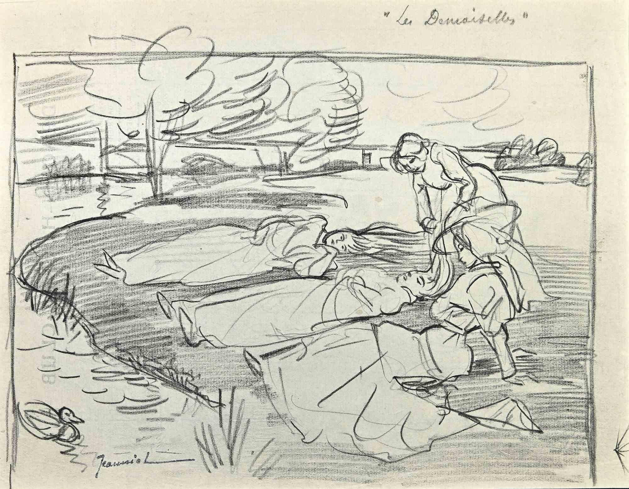 Les Demoiselles ist ein modernes Kunstwerk von Pierre- Georges Jeanniot aus dem späten 19.

Zeichnung mit Kohle.

Handsigniert am unteren Rand.

Das Kunstwerk ist mit schnellen, geschickten Strichen dargestellt, in einer gut ausbalancierten