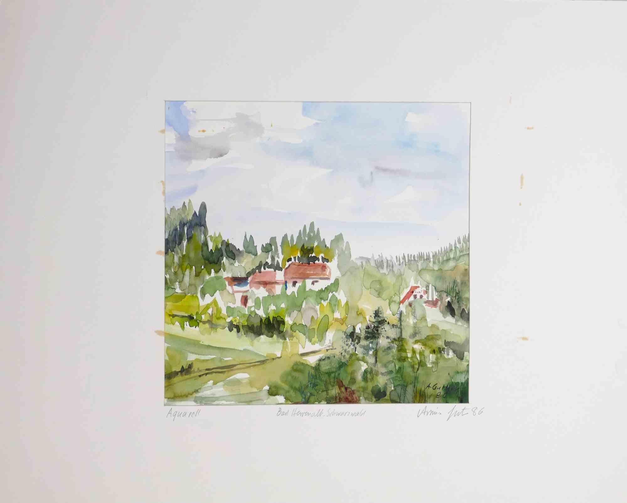 Landschaft  ist eine Aquarellzeichnung von Armin Guther aus dem Jahr 1986.

Handsigniert und datiert in der rechten unteren Ecke.

Guter Zustand, einschließlich eines Passepartouts aus weißem Karton (40 x 50 cm).

Die Landschaft wird durch weiche