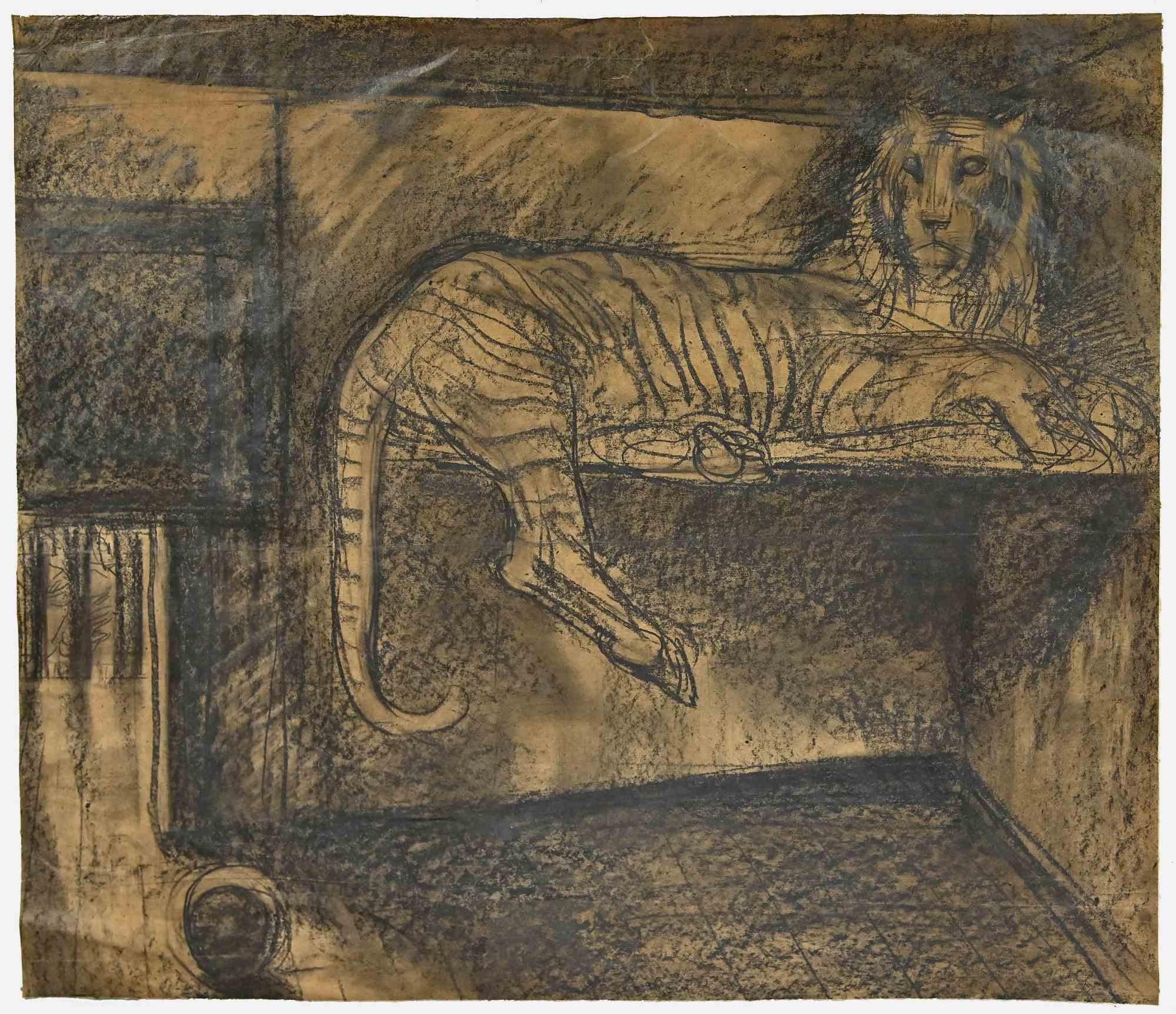The Tiger – Zeichnung in Holzkohle – Mitte des 20. Jahrhunderts