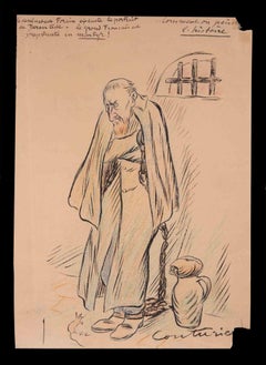 Antique The Prisoner - Drawing by Léon Couturie - Early-20th Century