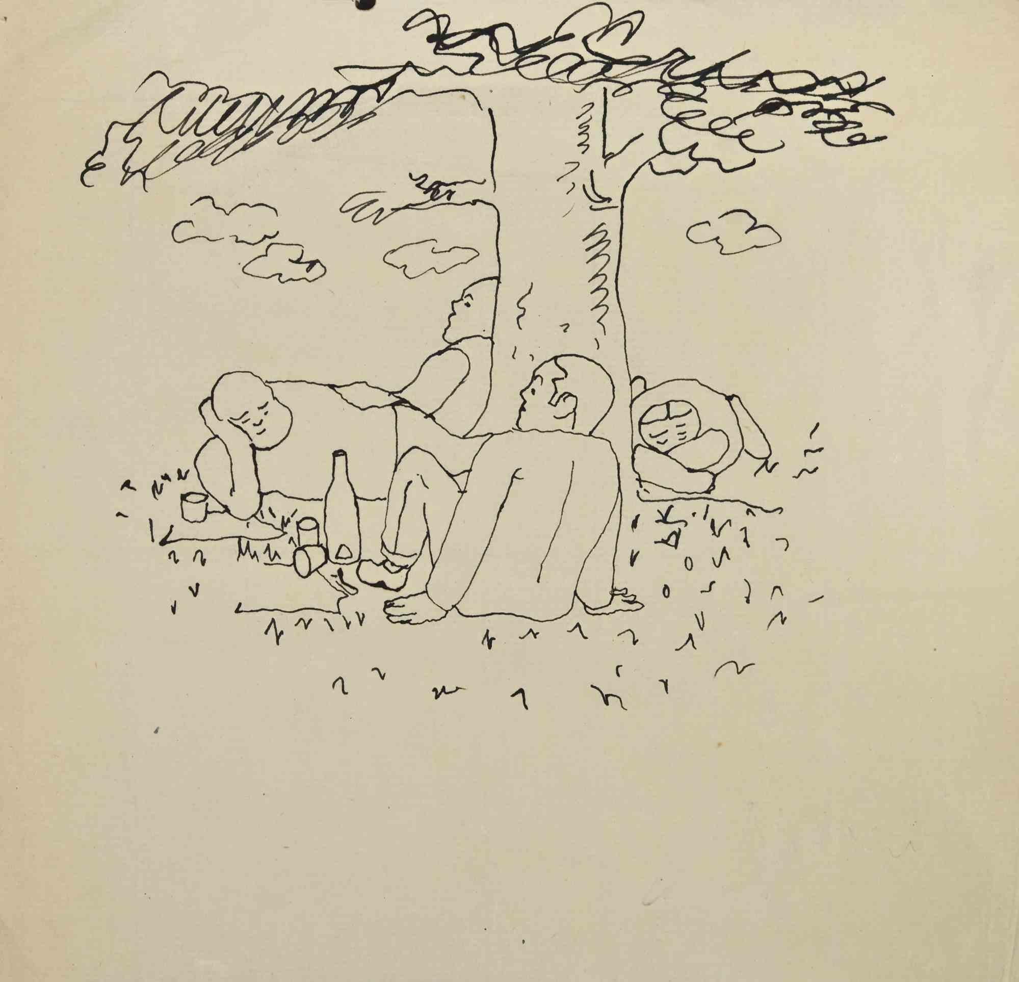 Unknown Abstract Drawing - The Picnic - Drawing - Mid-20th Century