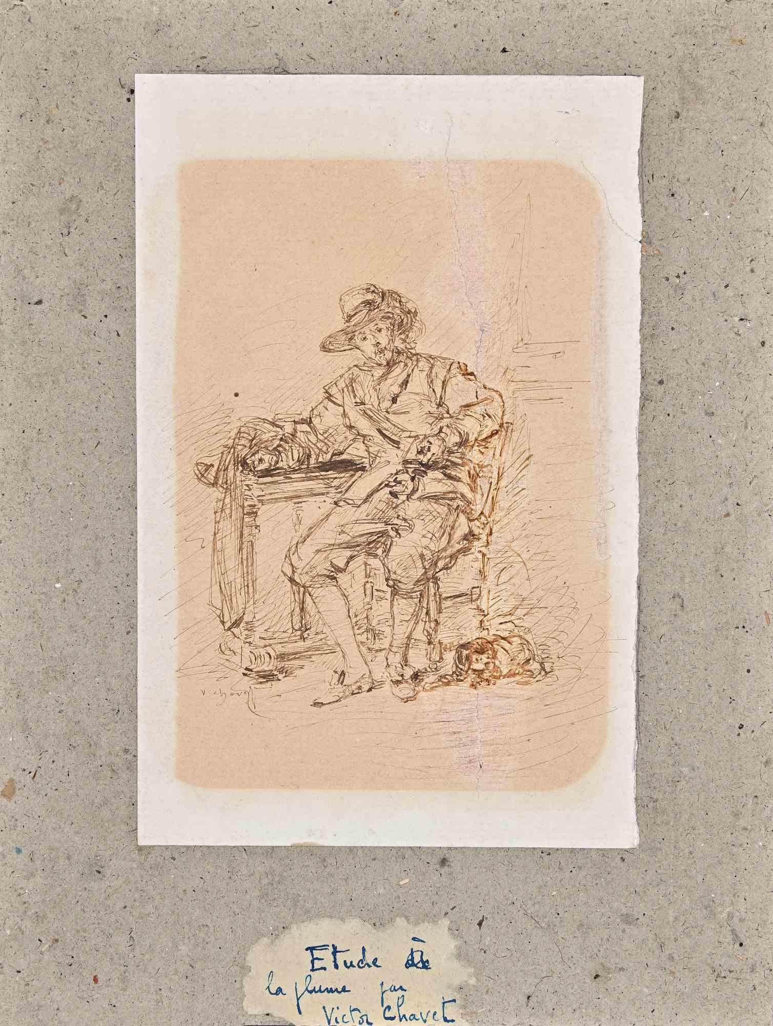 Study of Figure is a China ink Drawing realized in the mid-19th Century by Victor Chavet (1822-1906).

Hand-signed on the lower.

Glued on a hard Cardboard Passepartout: 28 x 21 cm, original one by the publisher, on the rear Stamped " Adolphe
