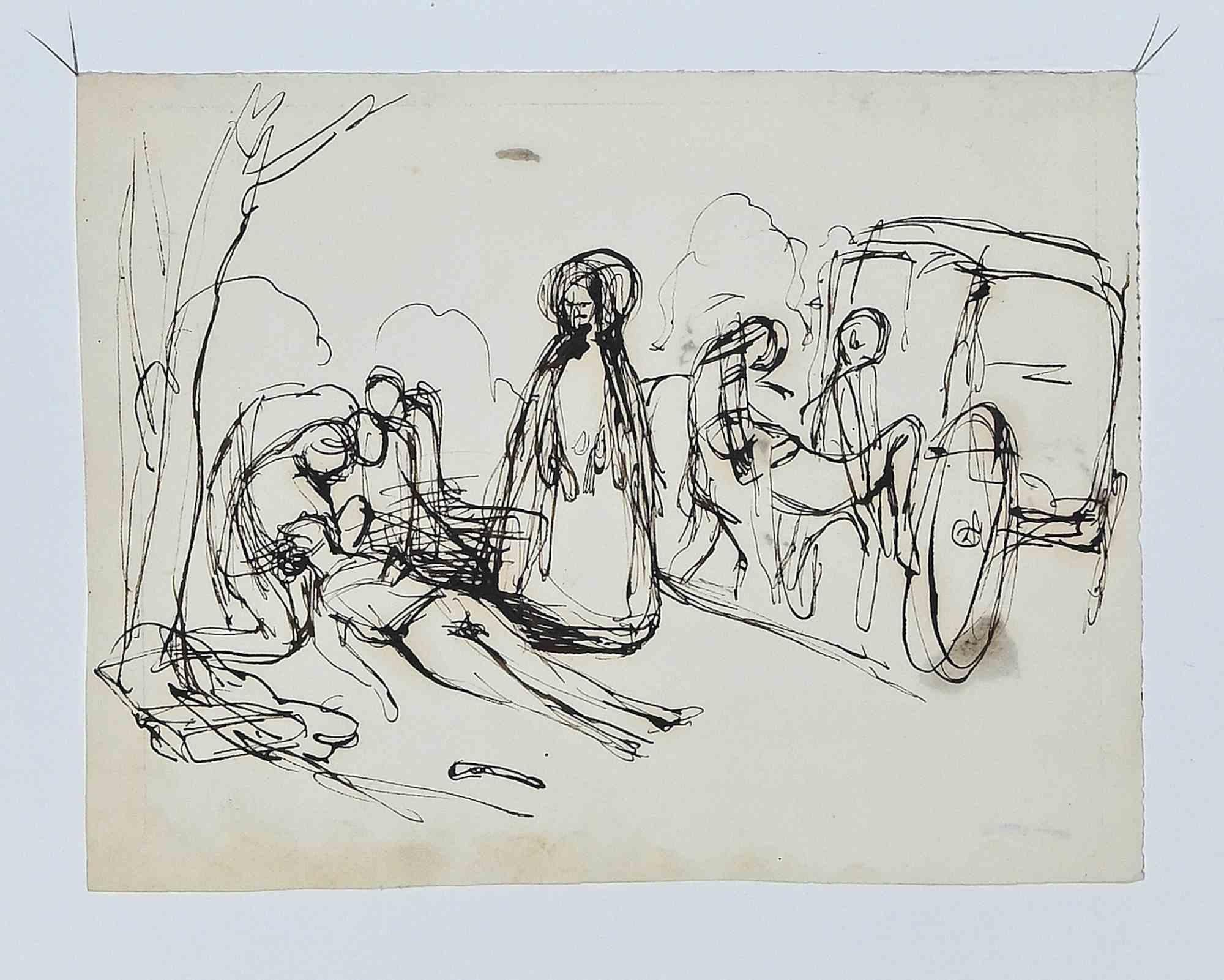 Figures is a drawing in china ink realized by Paul Gavarni in the 19th Century.

Good conditions.

The artwork is depicted through soft strokes in a well-balanced composition.