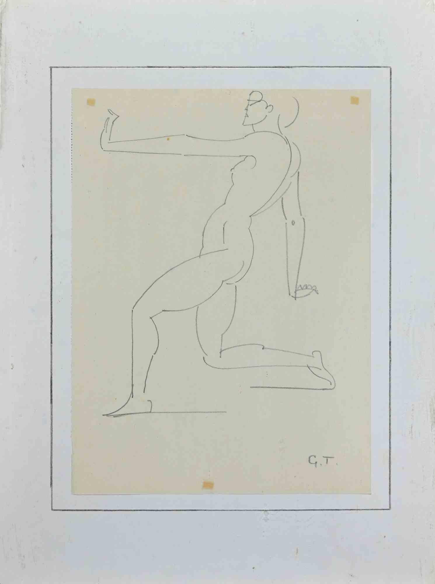 Georges-Henri Tribout Figurative Art - Posing  Nude - Pencil Drawing by George-Henri Tribout - 1950