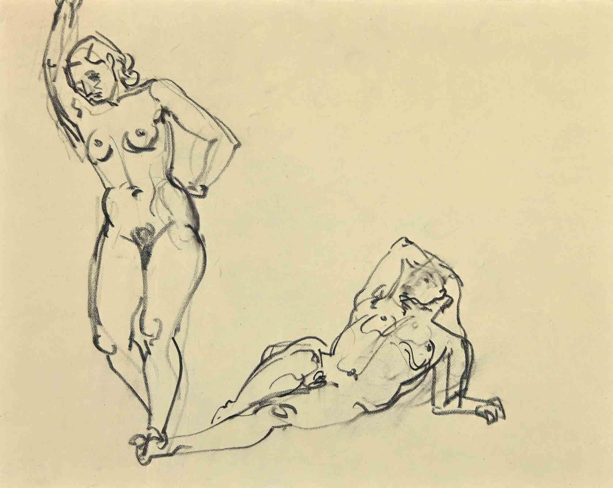 Posieren  Aktzeichnung – Kohlezeichnung von George-Henri Tribout – 1950