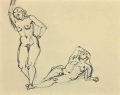 Posando  Desnudos - Dibujo al carboncillo de George-Henri Tribout - 1950