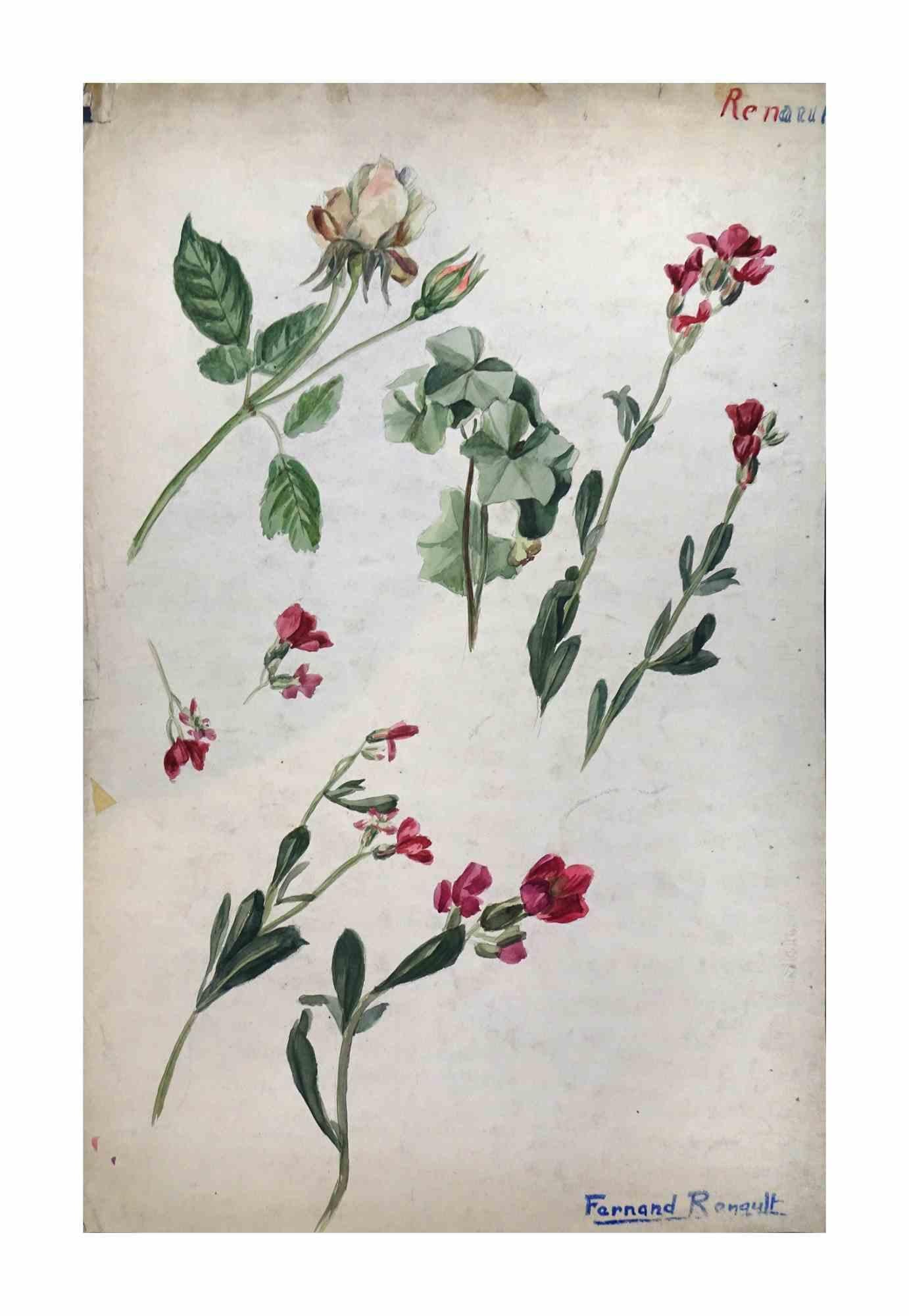 Blumen ist eine Zeichnung von Albert Fernand-Renault aus den 1950er Jahren.

Aquarell und Tinte auf Papier. Handsigniert.

Guter Zustand mit diffusen Stockflecken und einem Ausschnitt am linken oberen Rand.

Das Kunstwerk wird durch zarte