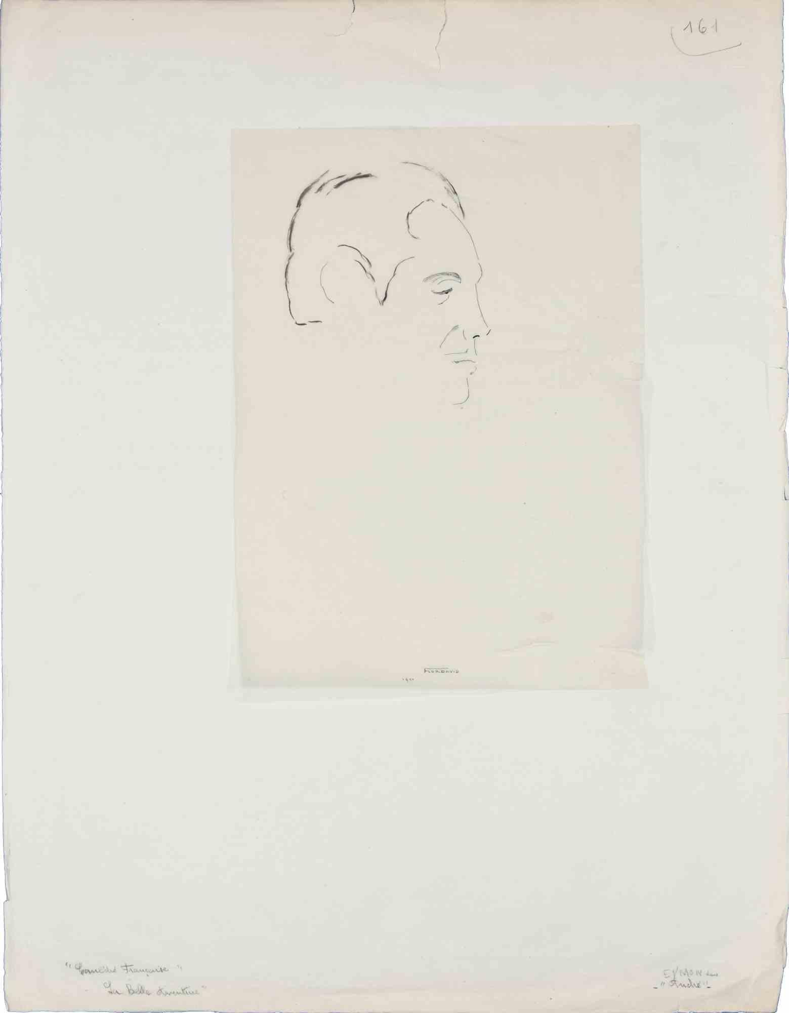 Porträt – Zeichnung von Flor-David – Mitte des 20. Jahrhunderts – Art von Flor David