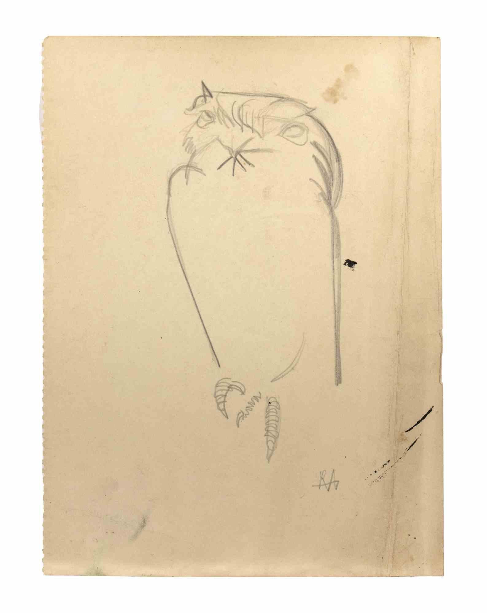 Hibou est un dessin au crayon réalisé par Reynold Arnould  (Le Havre 1919 - Parigi 1980).

Bon état sur un papier jauni, monogrammé par l'artiste dans le coin inférieur droit.

Le dessin représente une chouette, et deux hiboux au dos, inclus un