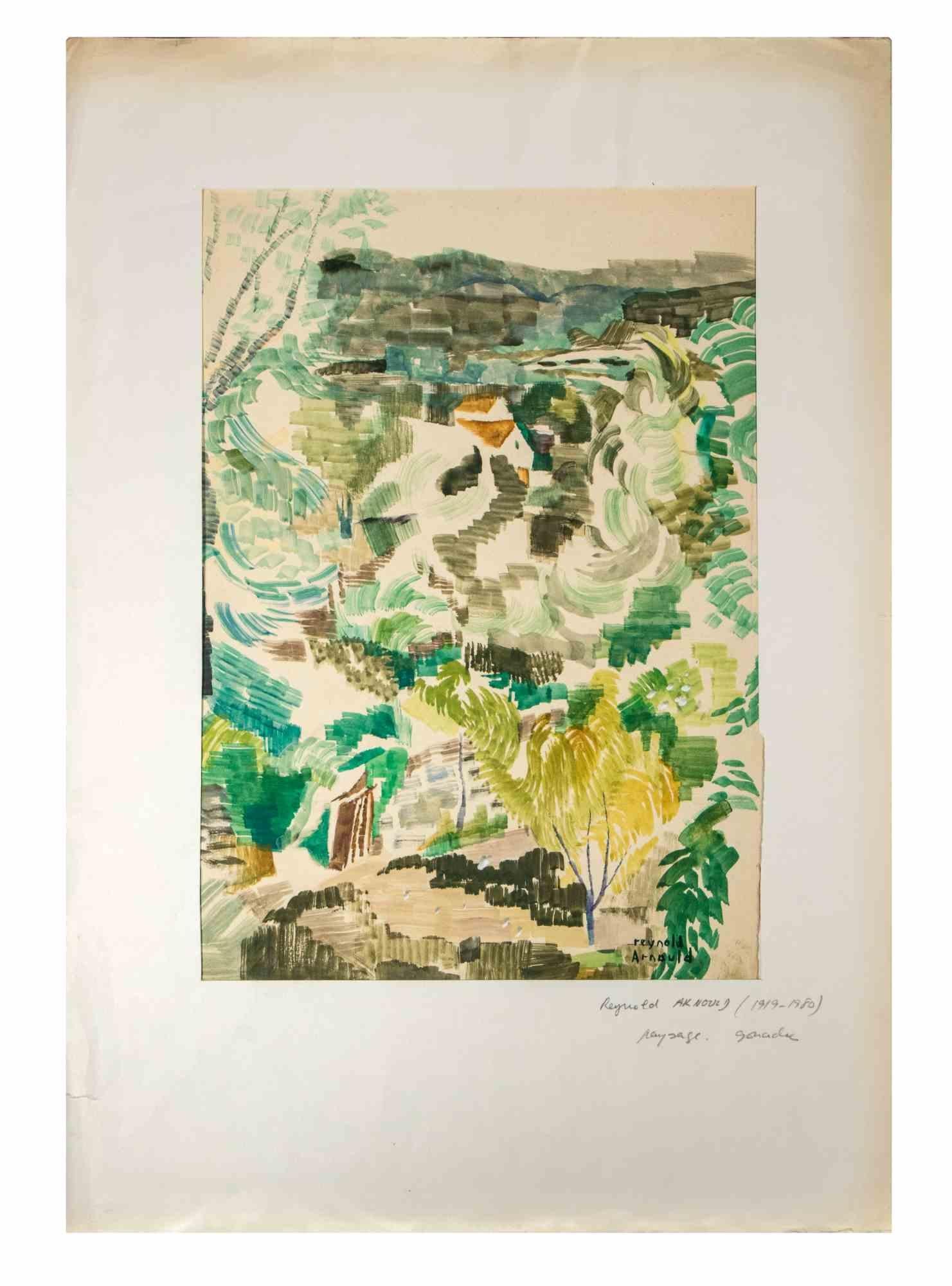 Paysage est une Gouache sur papier réalisée par Reynold Arnould  (Le Havre 1919 - Parigi 1980).

Bon état, inclus un passe-partout en carton blanc (54x37,5 cm).

Signé à la main par l'artiste dans le coin inférieur droit.

Reynold Arnould est né au