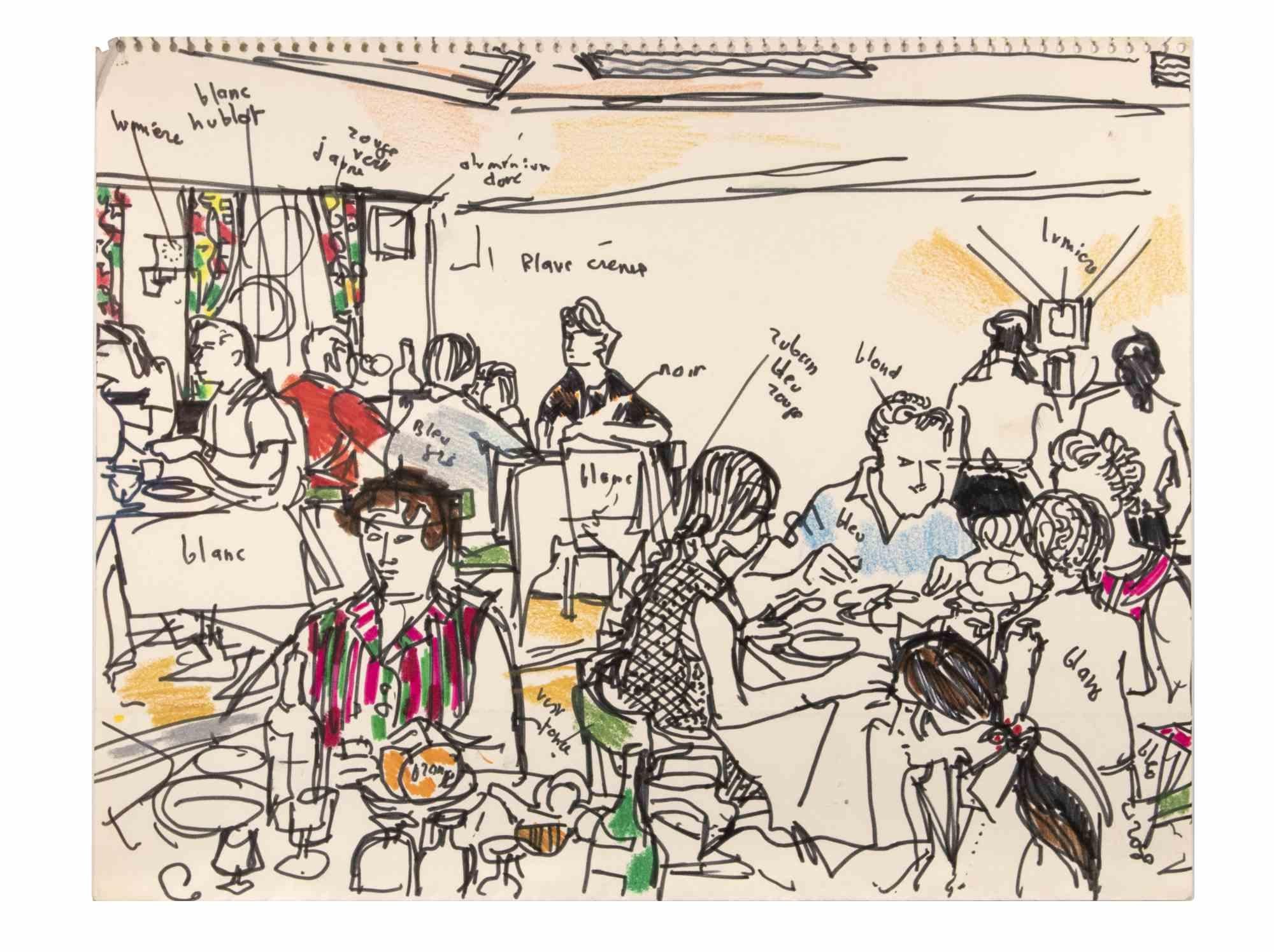 Il ristorante è un disegno con pennarelli a colori realizzato da  Reynold Arnould  (Le Havre 1919 - Parigi 1980).

Buone condizioni su un foglio di quaderno.

Senza firma, con titolo e data in basso a destra.

Reynold Arnould è nato a Le Havre, in