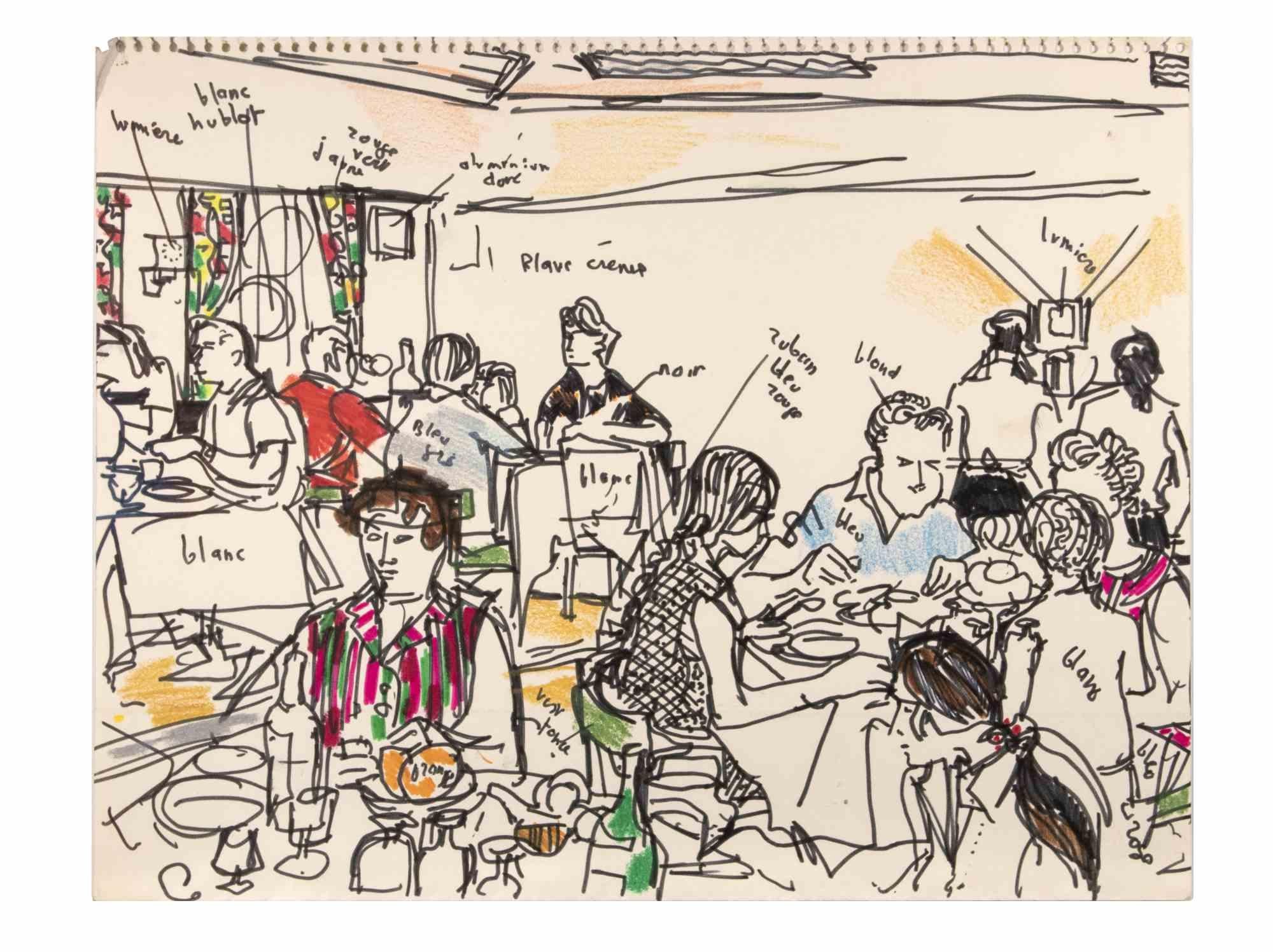 Dans le restaurant - Dessin de Reynold Arnould - 1970