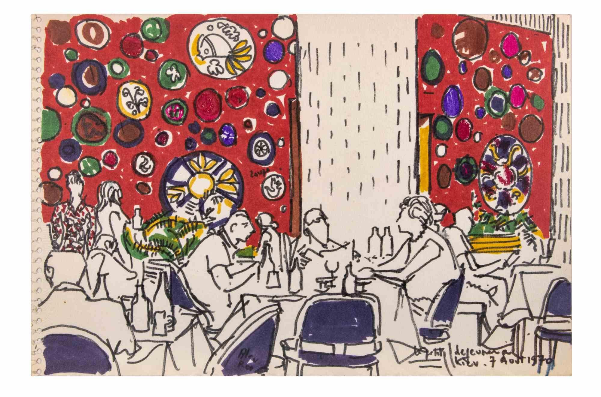 Cafè in Kiew - Zeichnung von Reynold Arnould - 1970