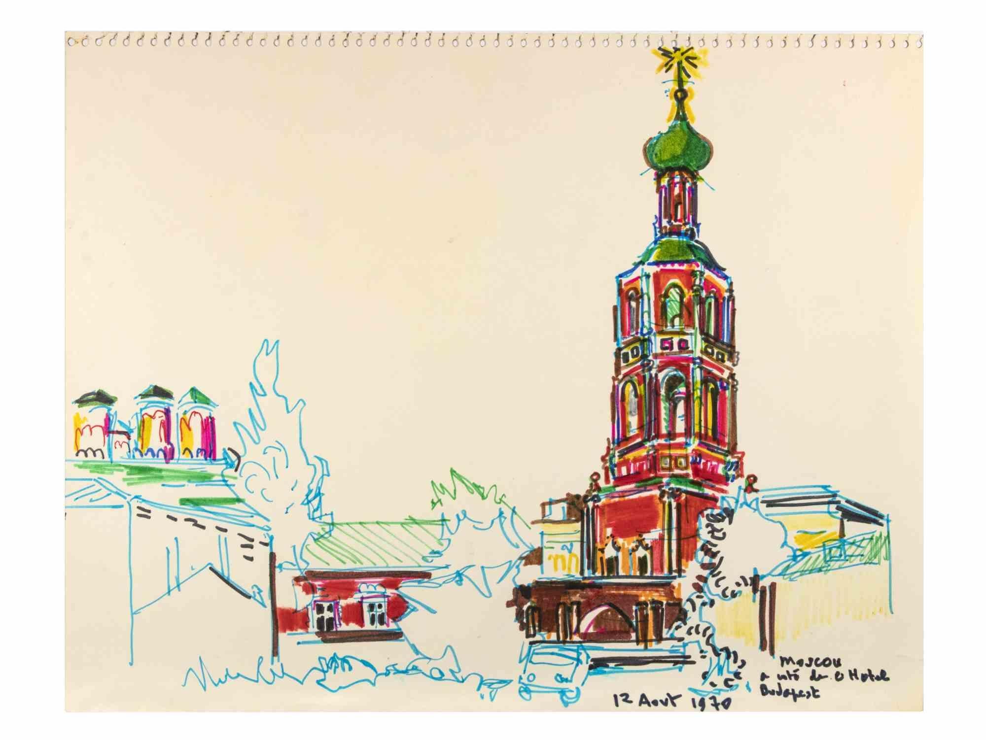 Moscow is a Color Markers Drawing realized by  Reynold Arnould  (Le Havre 1919 - Parigi 1980).

Good condition on a sheet of a notebook.

No signature, titled and dated on the lower right corner.

Reynold Arnould was born in Le Havre, France in
